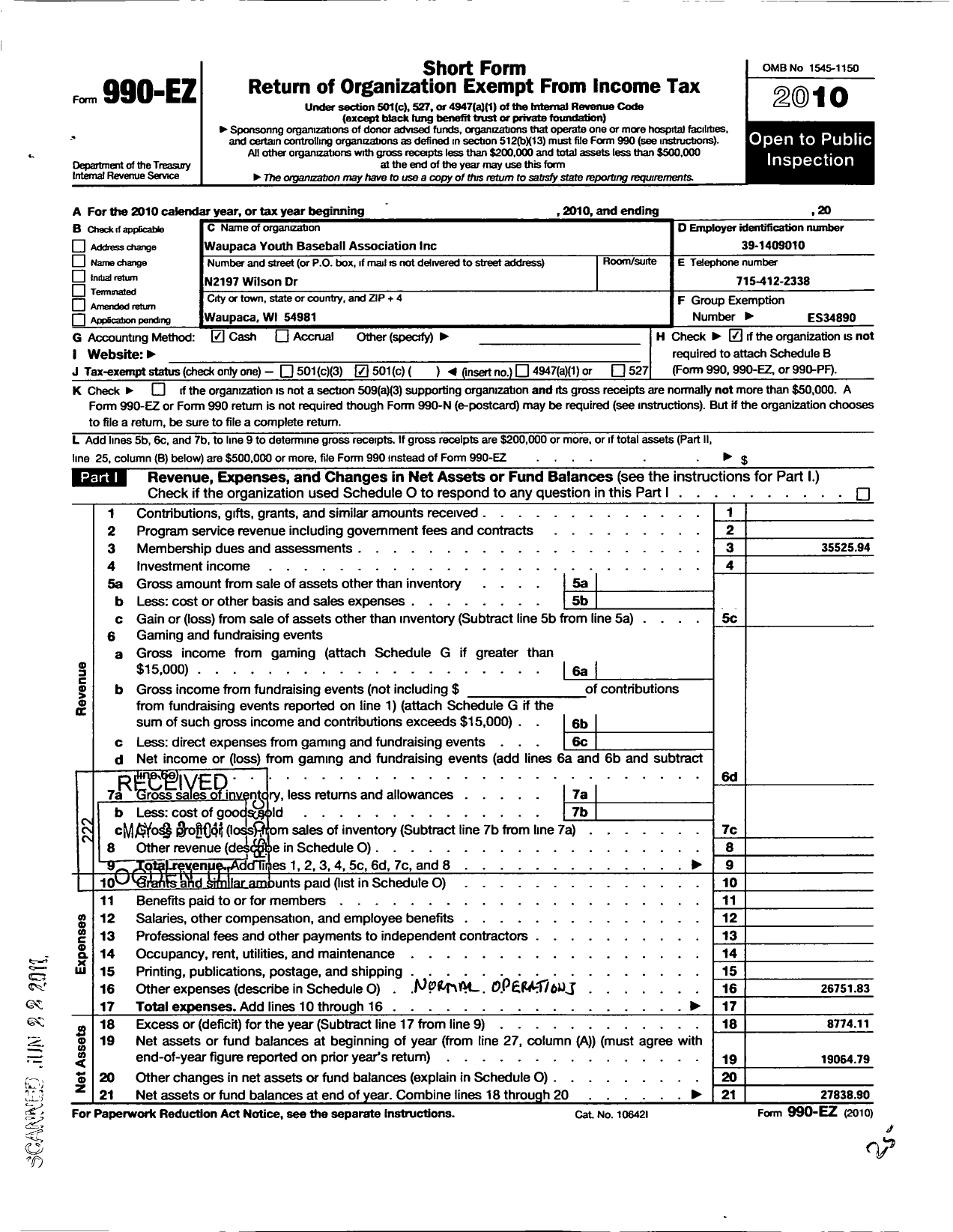 Image of first page of 2010 Form 990EO for Waupaca Baseball Organization