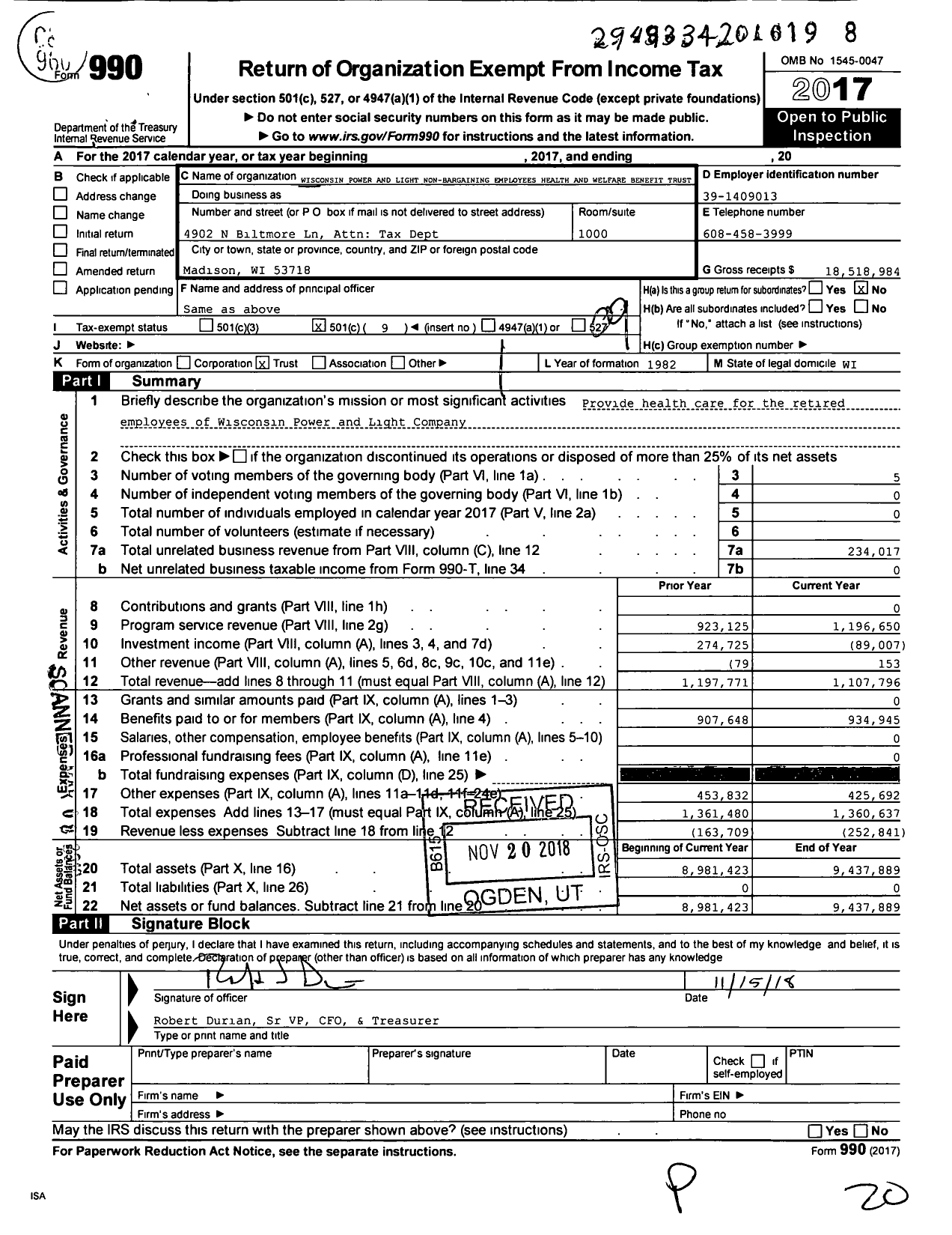 Image of first page of 2017 Form 990O for Wisconsin Power and Light Company Employees Benefit Trust
