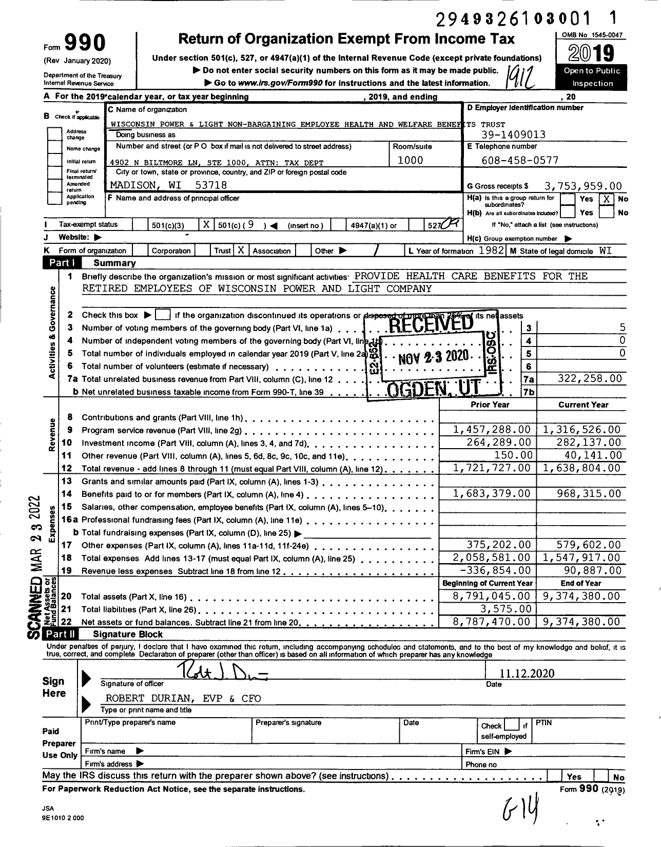Image of first page of 2019 Form 990O for Wisconsin Power and Light Company Employees Benefit Trust