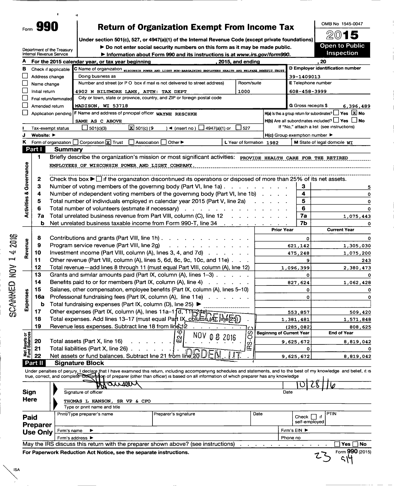 Image of first page of 2015 Form 990O for Wisconsin Power and Light Company Employees Benefit Trust