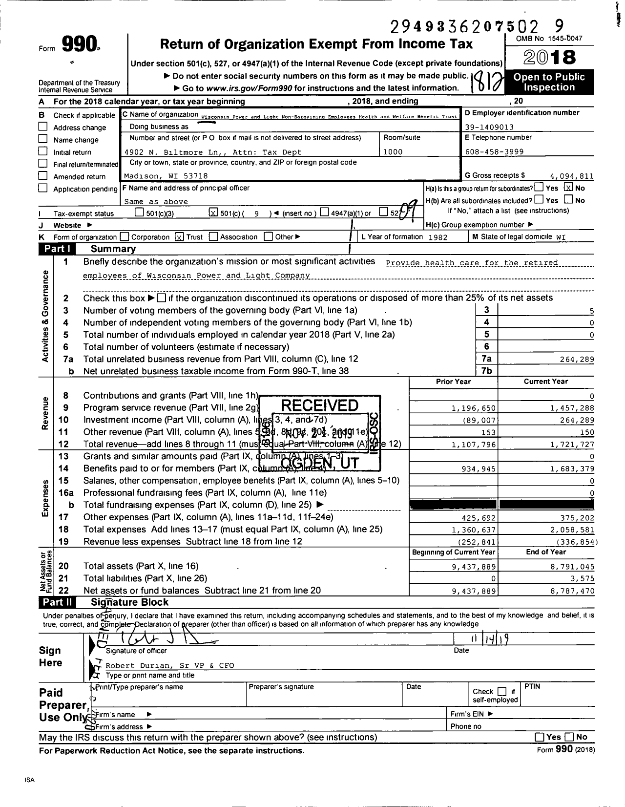 Image of first page of 2018 Form 990O for Wisconsin Power and Light Company Employees Benefit Trust