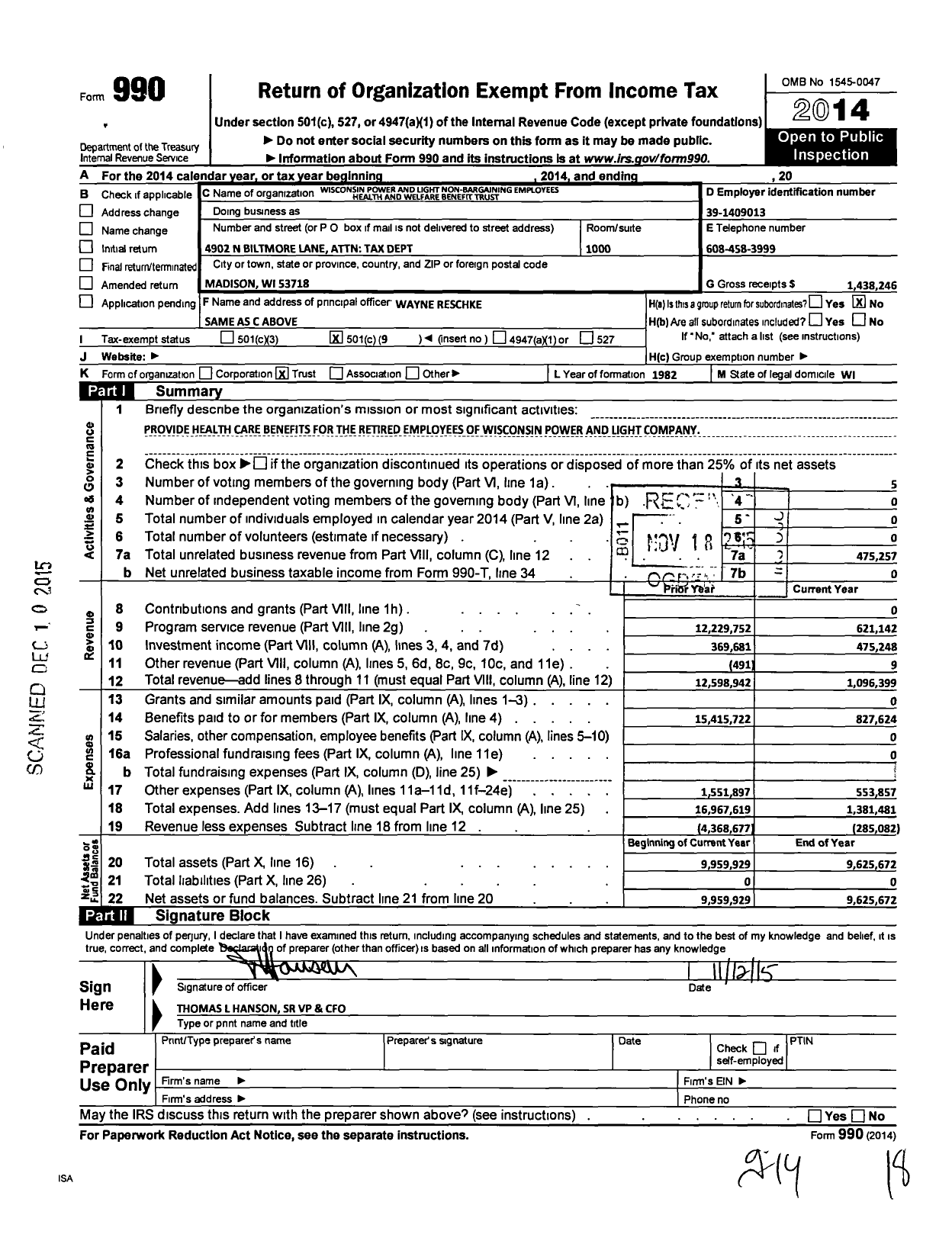 Image of first page of 2014 Form 990O for Wisconsin Power and Light Company Employees Benefit Trust