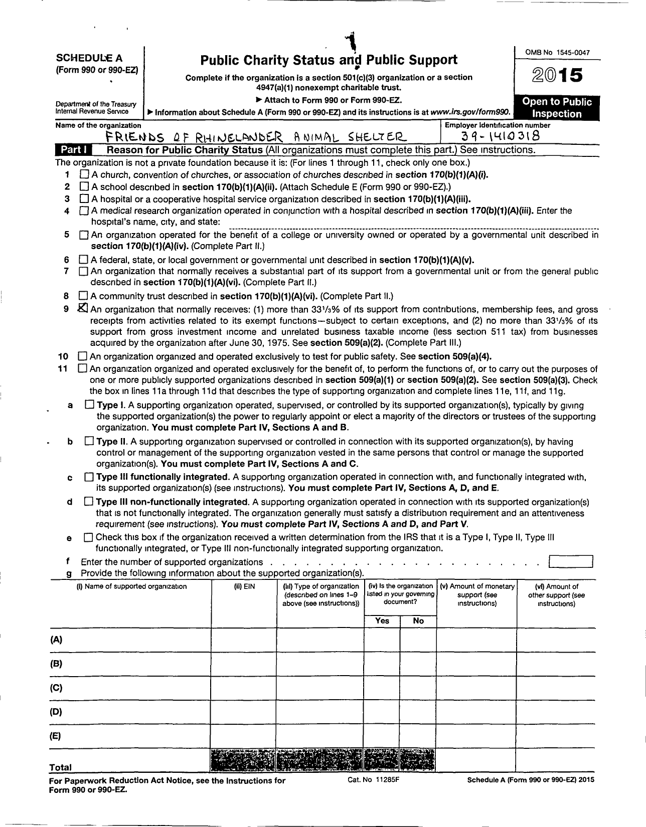 Image of first page of 2015 Form 990ER for Humane Society Foundation for Oneida County