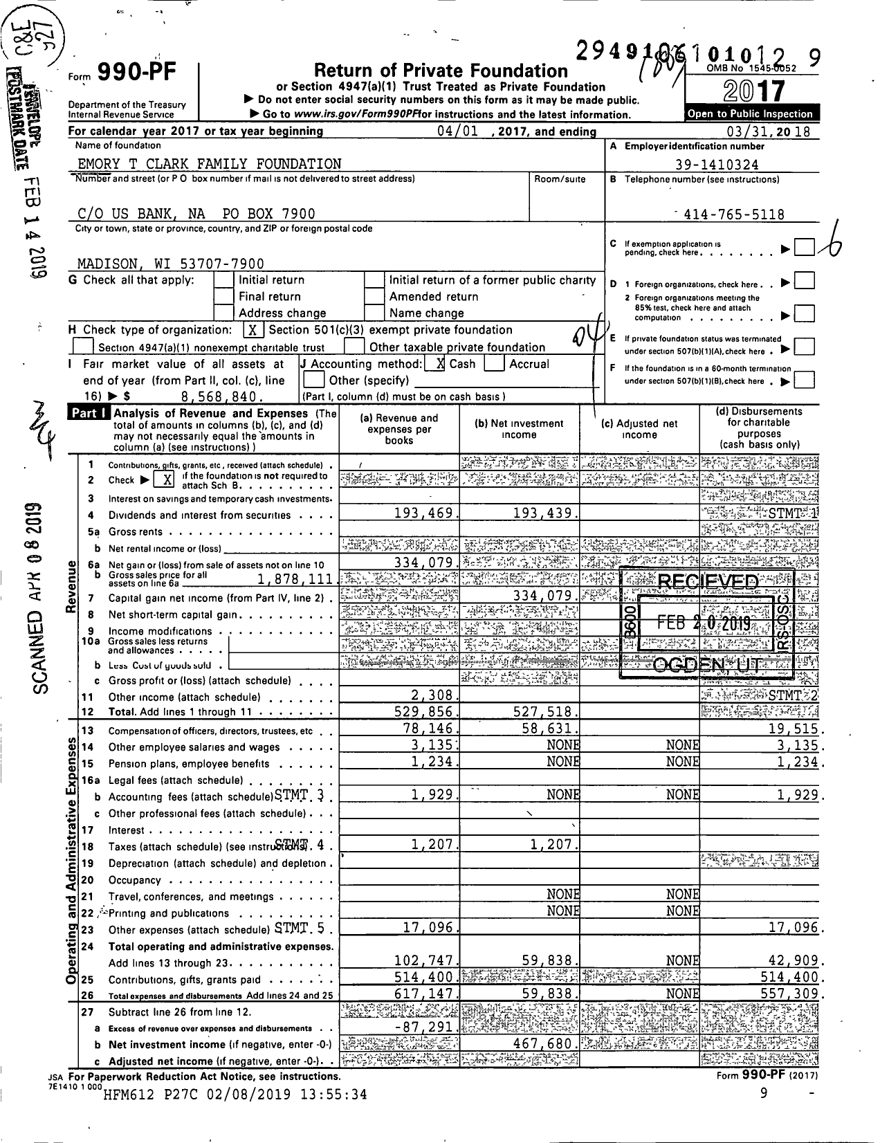 Image of first page of 2017 Form 990PF for Emory T Clark Family Foundation