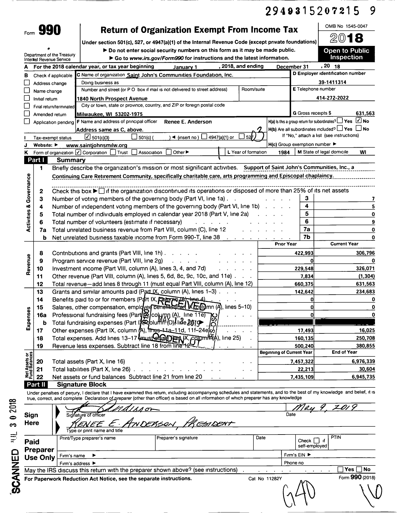 Image of first page of 2018 Form 990 for Saint Johns Communities Foundation
