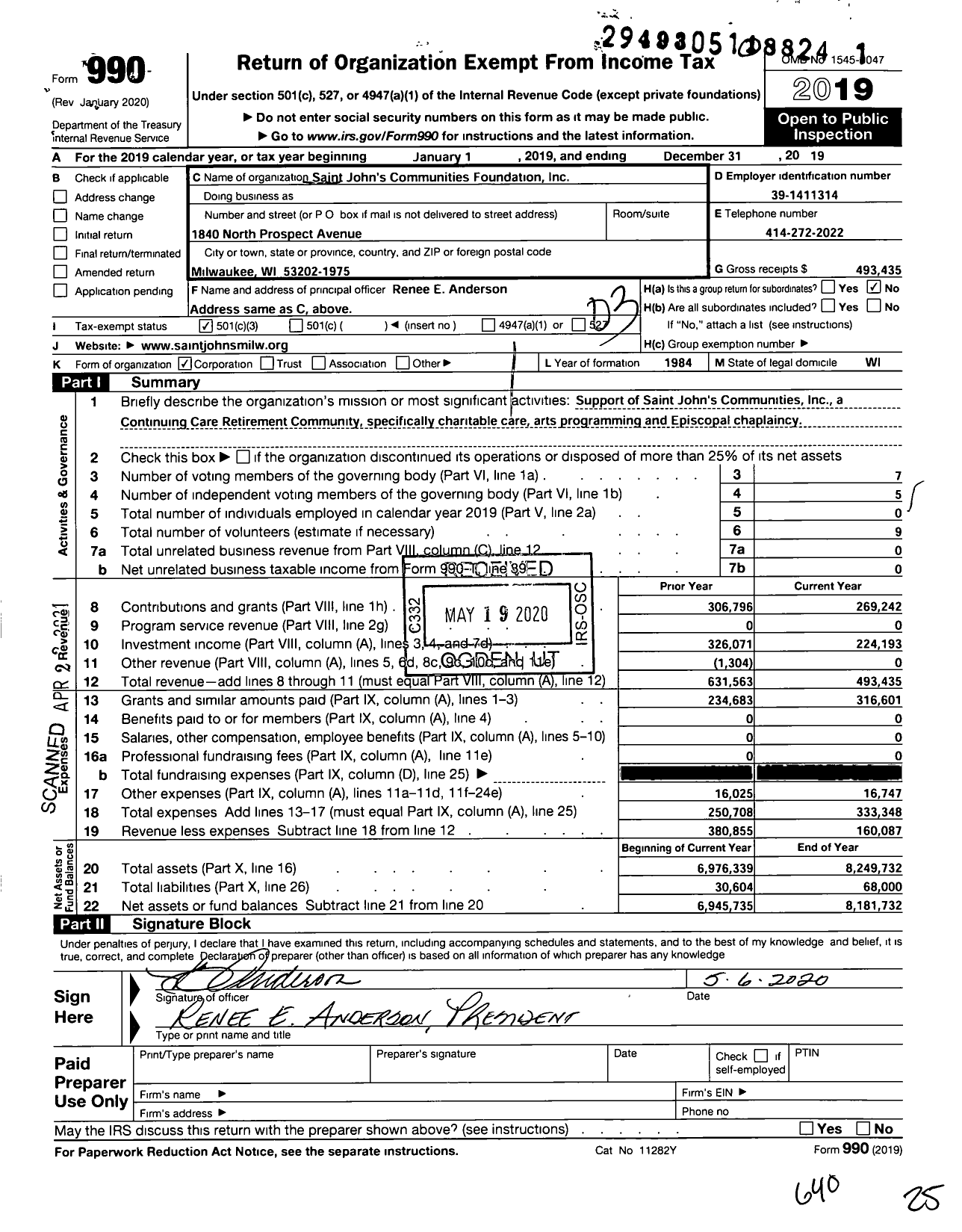 Image of first page of 2019 Form 990 for Saint Johns Communities Foundation