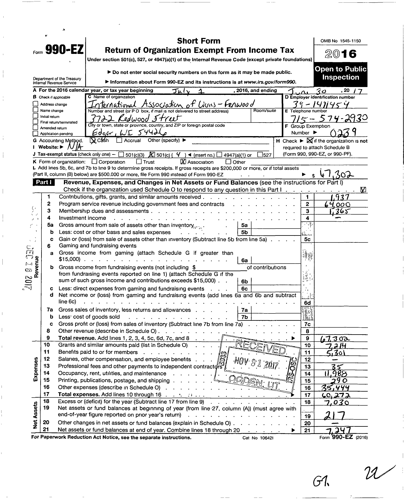 Image of first page of 2016 Form 990EO for Lions Clubs - 41163 Fenwood
