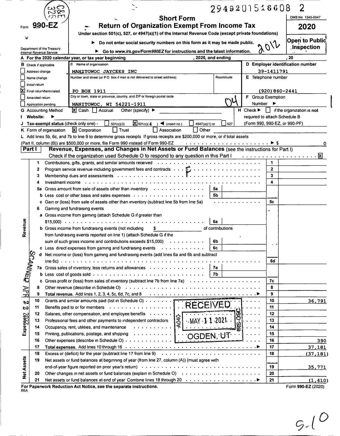 Image of first page of 2020 Form 990EO for Manitowoc Jaycees