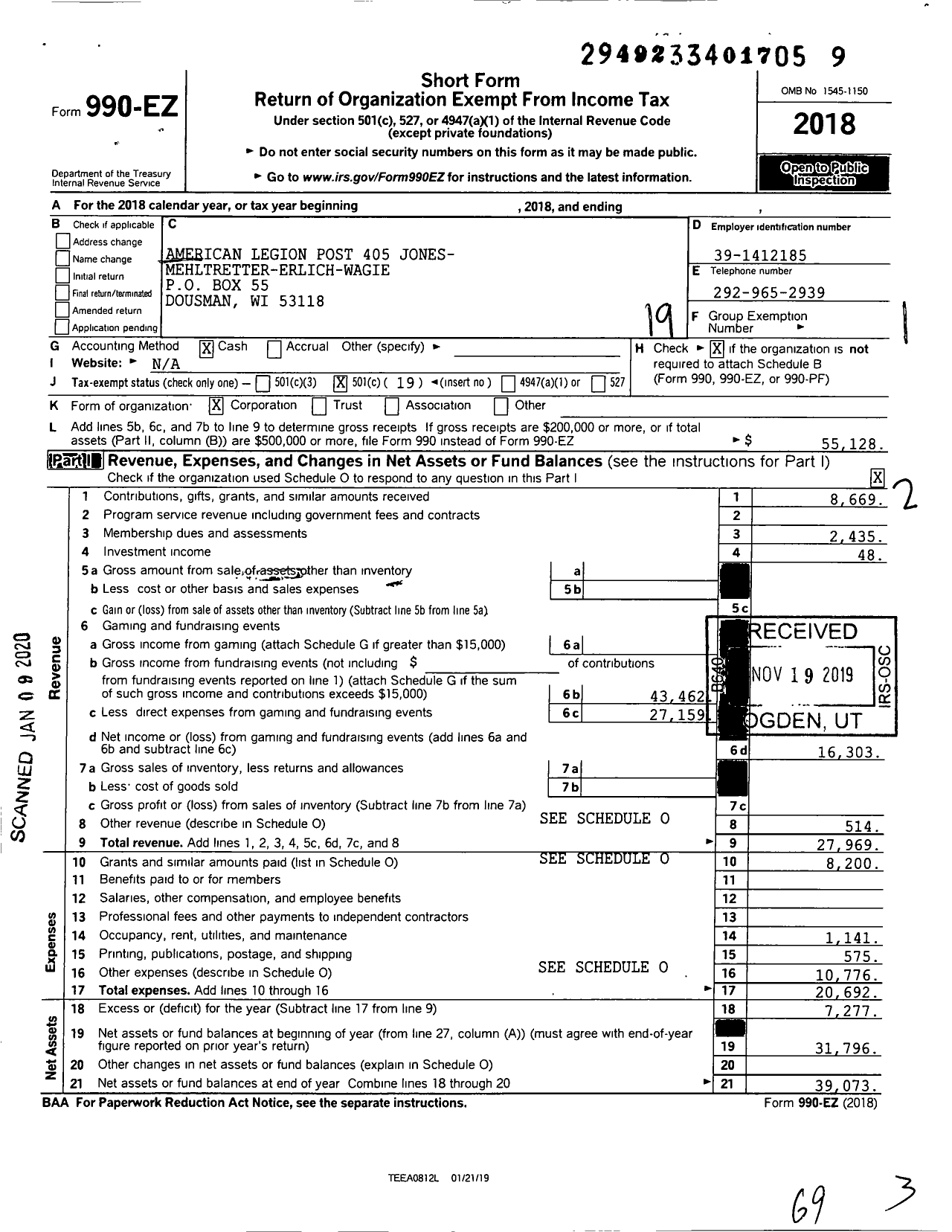 Image of first page of 2018 Form 990EO for American Legion - 405 Jones-Mehltretter-Ehrlich-Wagie