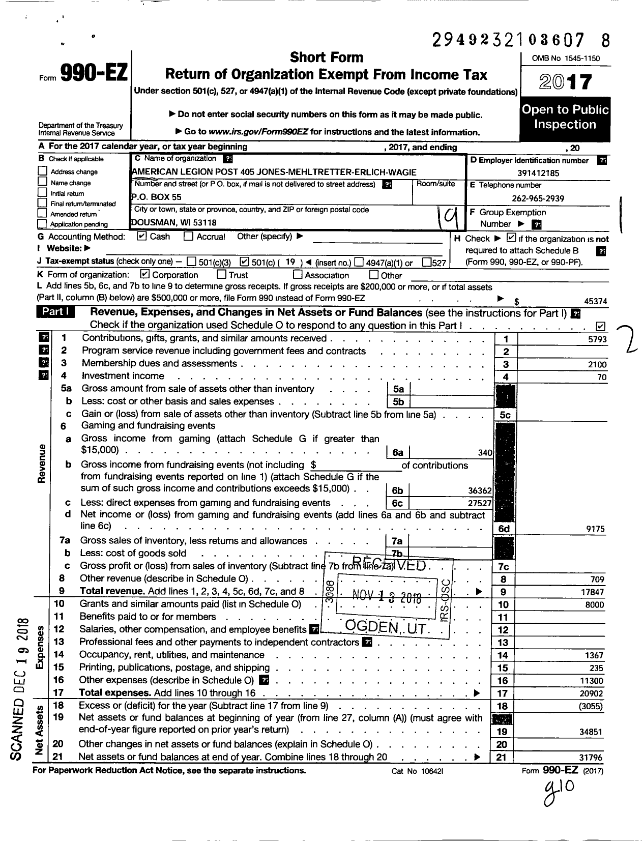 Image of first page of 2017 Form 990EO for American Legion - 405 Jones-Mehltretter-Ehrlich-Wagie