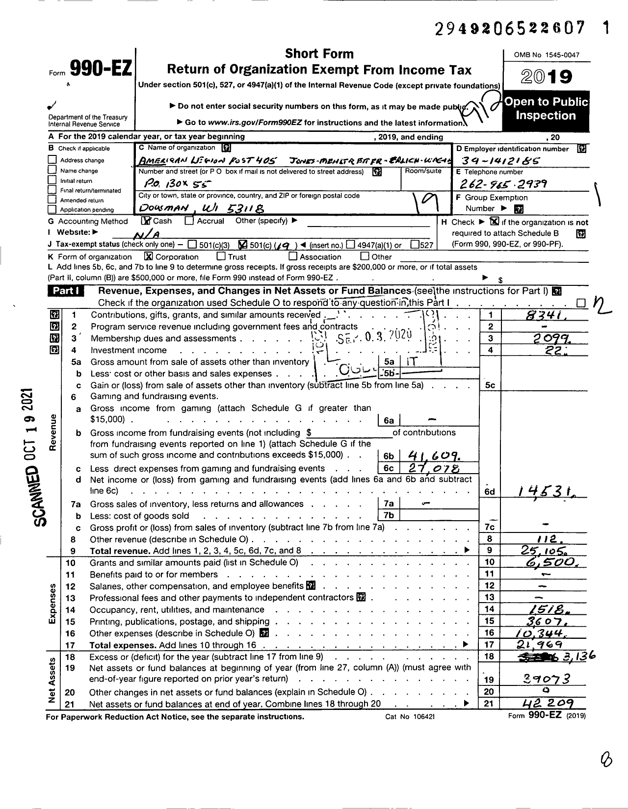 Image of first page of 2019 Form 990EO for American Legion - 405 Jones-Mehltretter-Ehrlich-Wagie