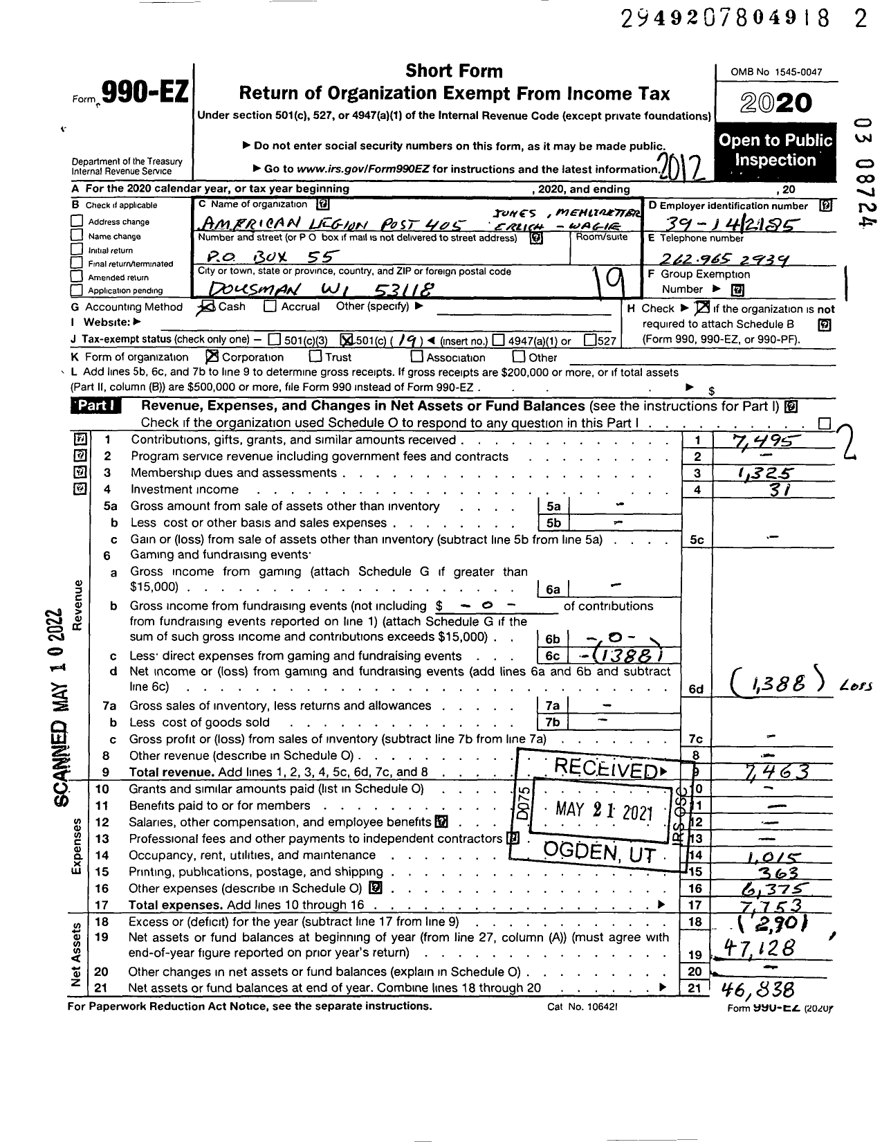 Image of first page of 2020 Form 990EO for American Legion - 405 Jones-Mehltretter-Ehrlich-Wagie