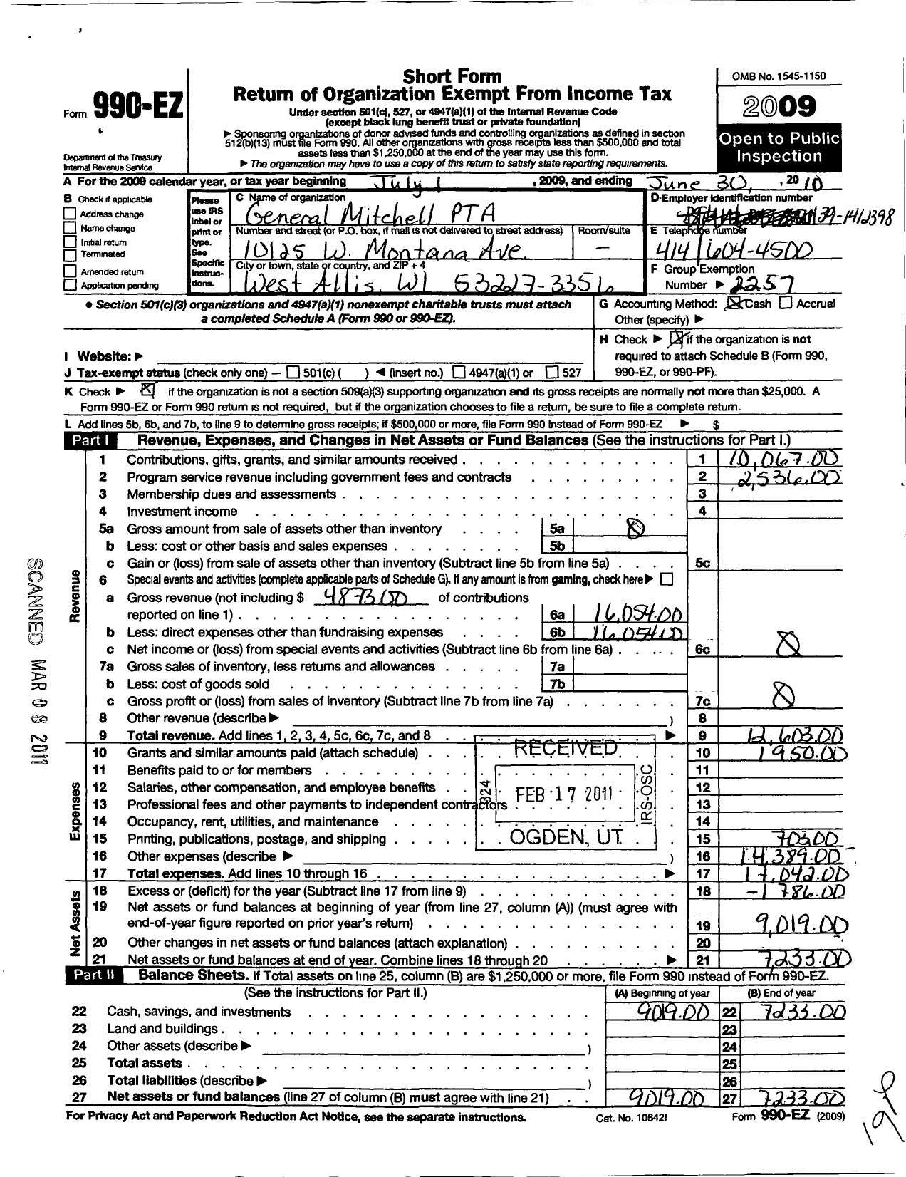 Image of first page of 2009 Form 990EO for PTA Wisconsin Congress / General Mitchell PTA