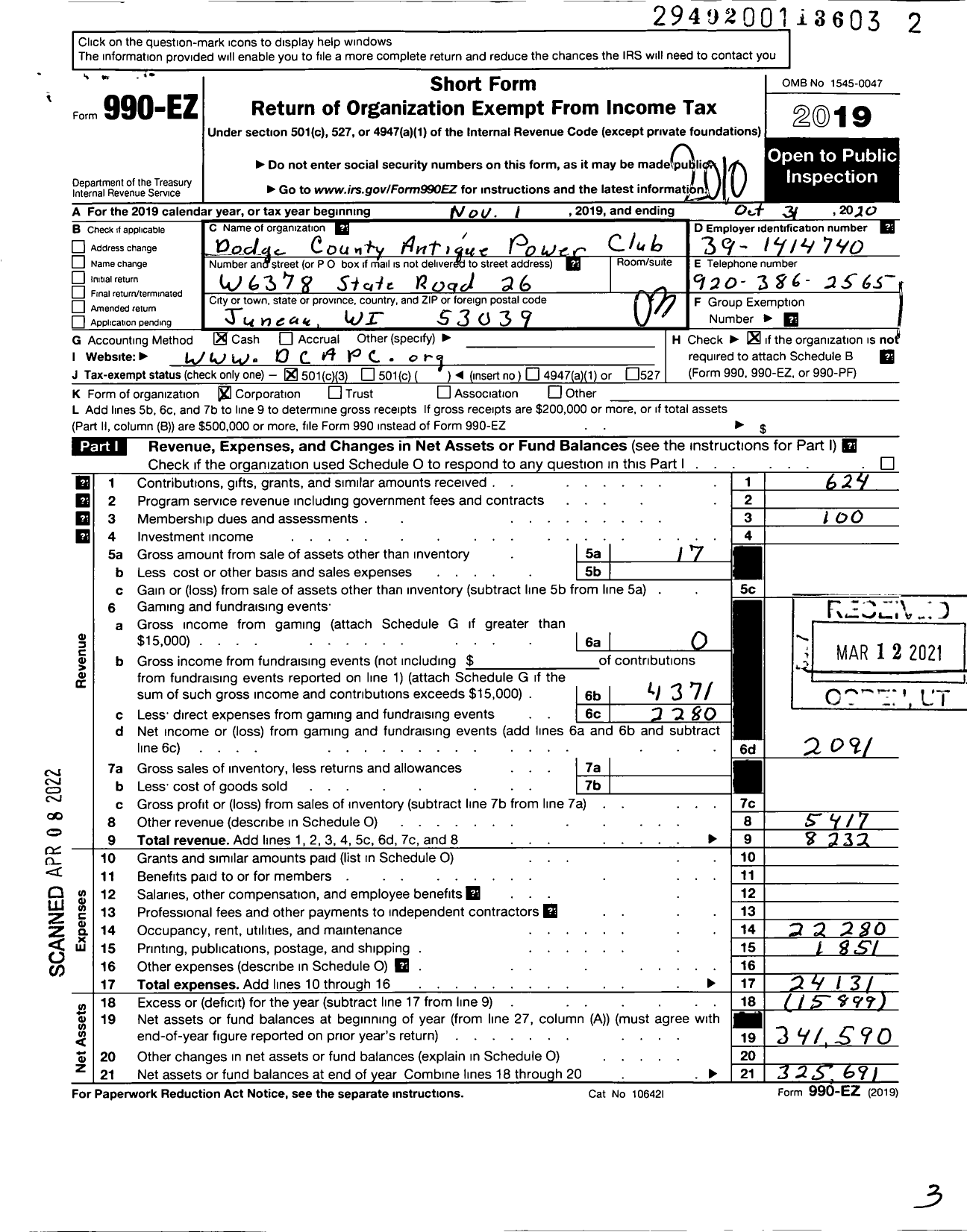 Image of first page of 2019 Form 990EZ for Dodge County Antique and Power Show