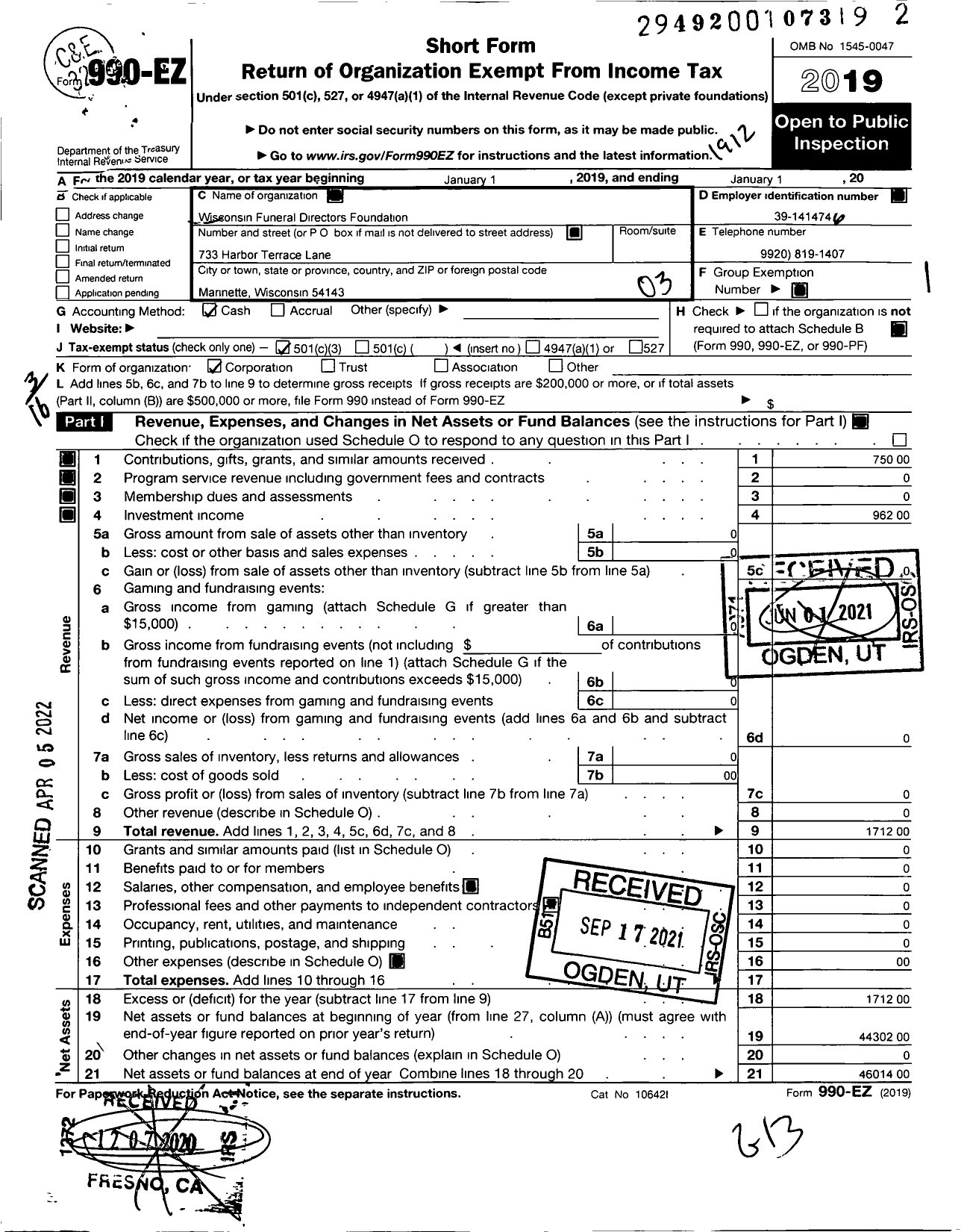 Image of first page of 2019 Form 990EZ for Wisconsin Funeral Directors Foundation