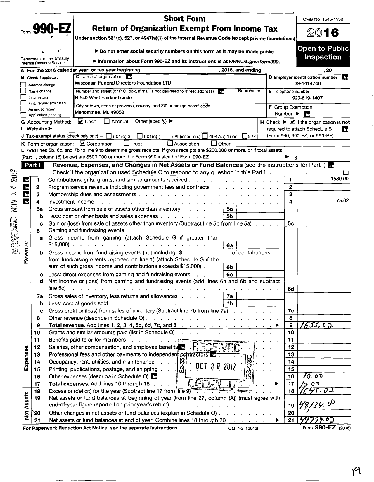 Image of first page of 2016 Form 990EO for Wisconsin Funeral Directors Foundation