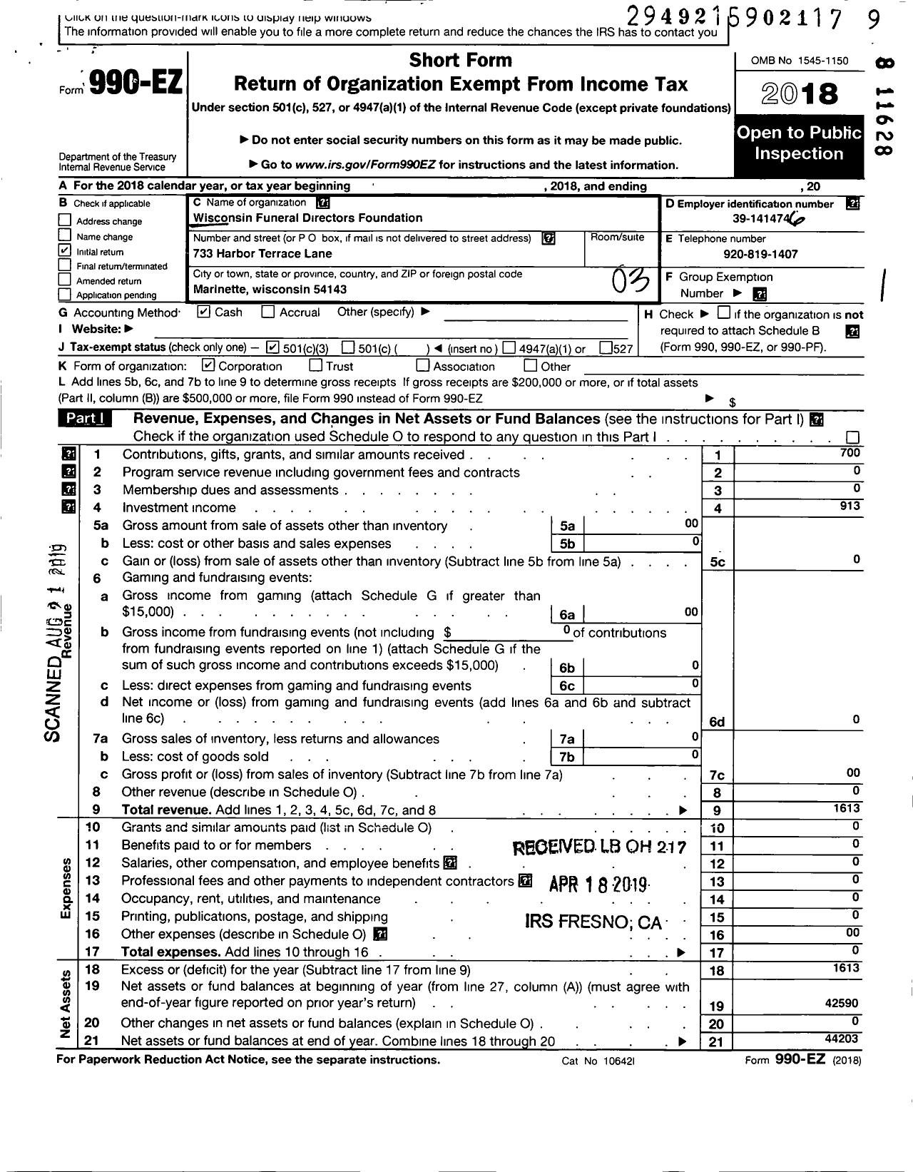 Image of first page of 2018 Form 990EZ for Wisconsin Funeral Directors Foundation