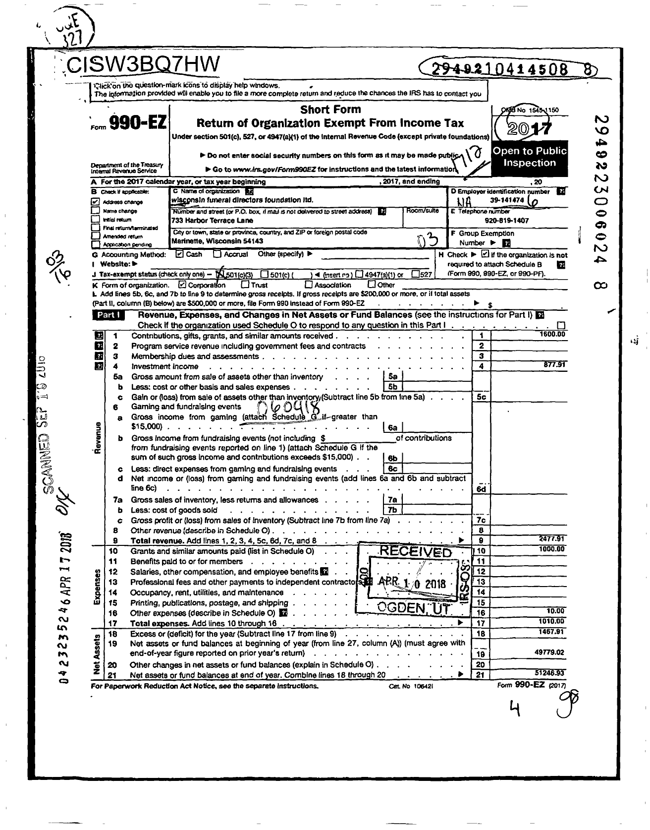 Image of first page of 2017 Form 990EZ for Wisconsin Funeral Directors Foundation