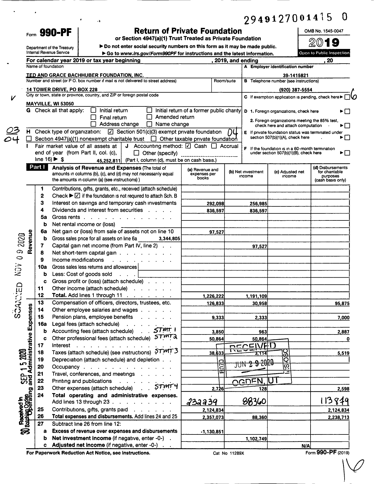 Image of first page of 2019 Form 990PF for Ted and Grace Bachhuber Foundation