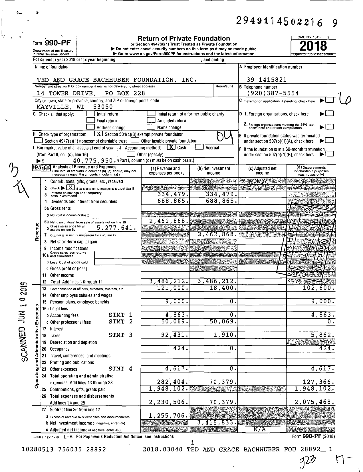 Image of first page of 2018 Form 990PF for Ted and Grace Bachhuber Foundation
