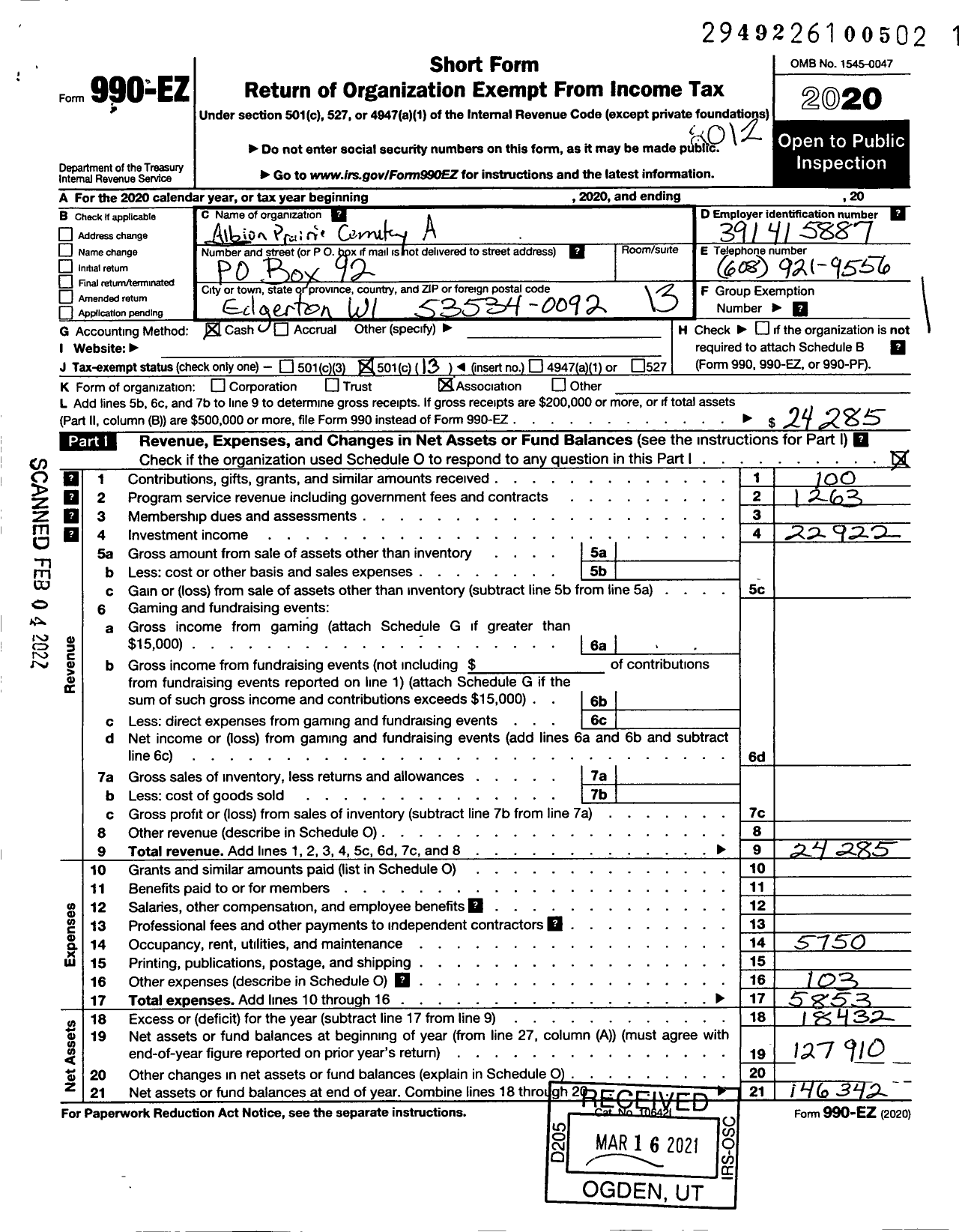 Image of first page of 2020 Form 990EO for Albion Prairie Cemetery Association