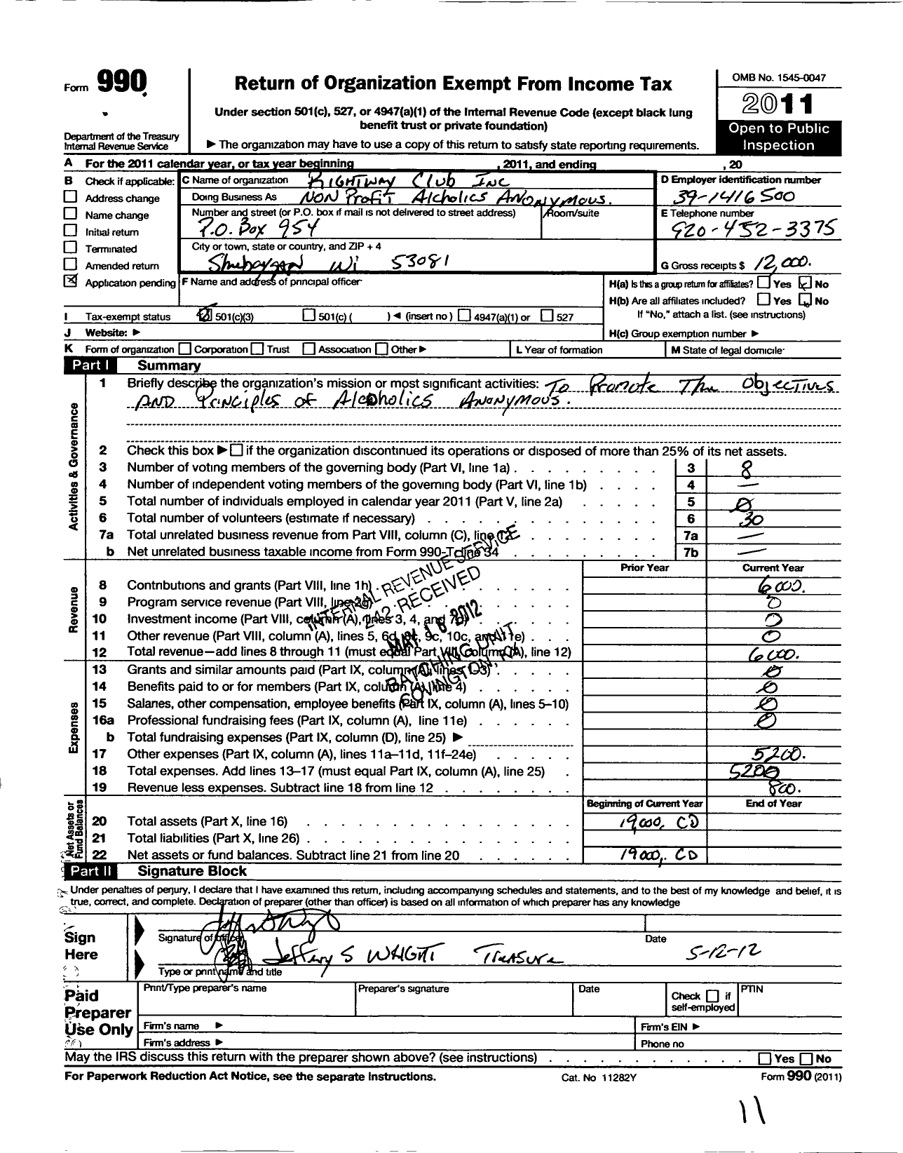 Image of first page of 2011 Form 990 for Rightway Club