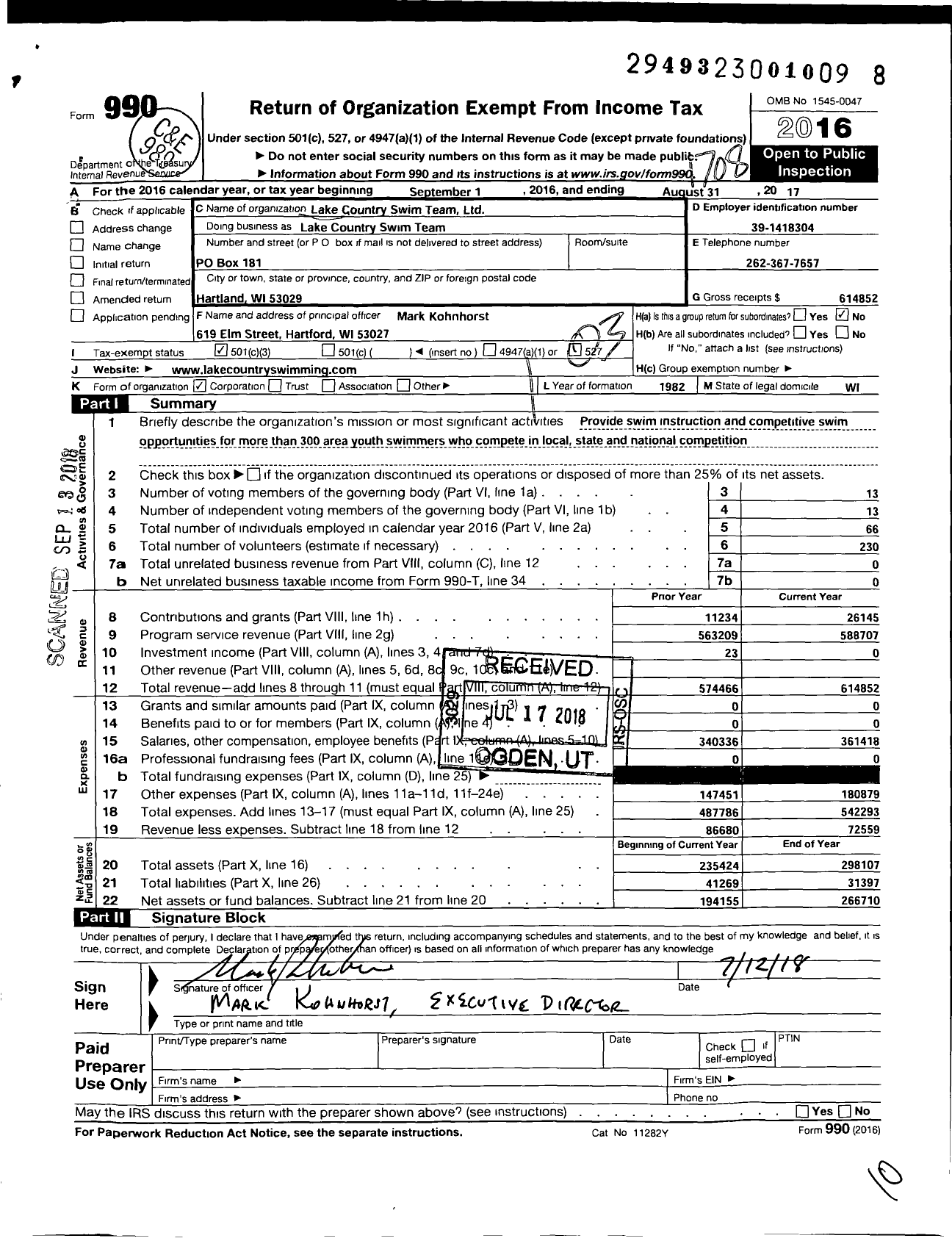 Image of first page of 2016 Form 990 for Lake Country Swim Team