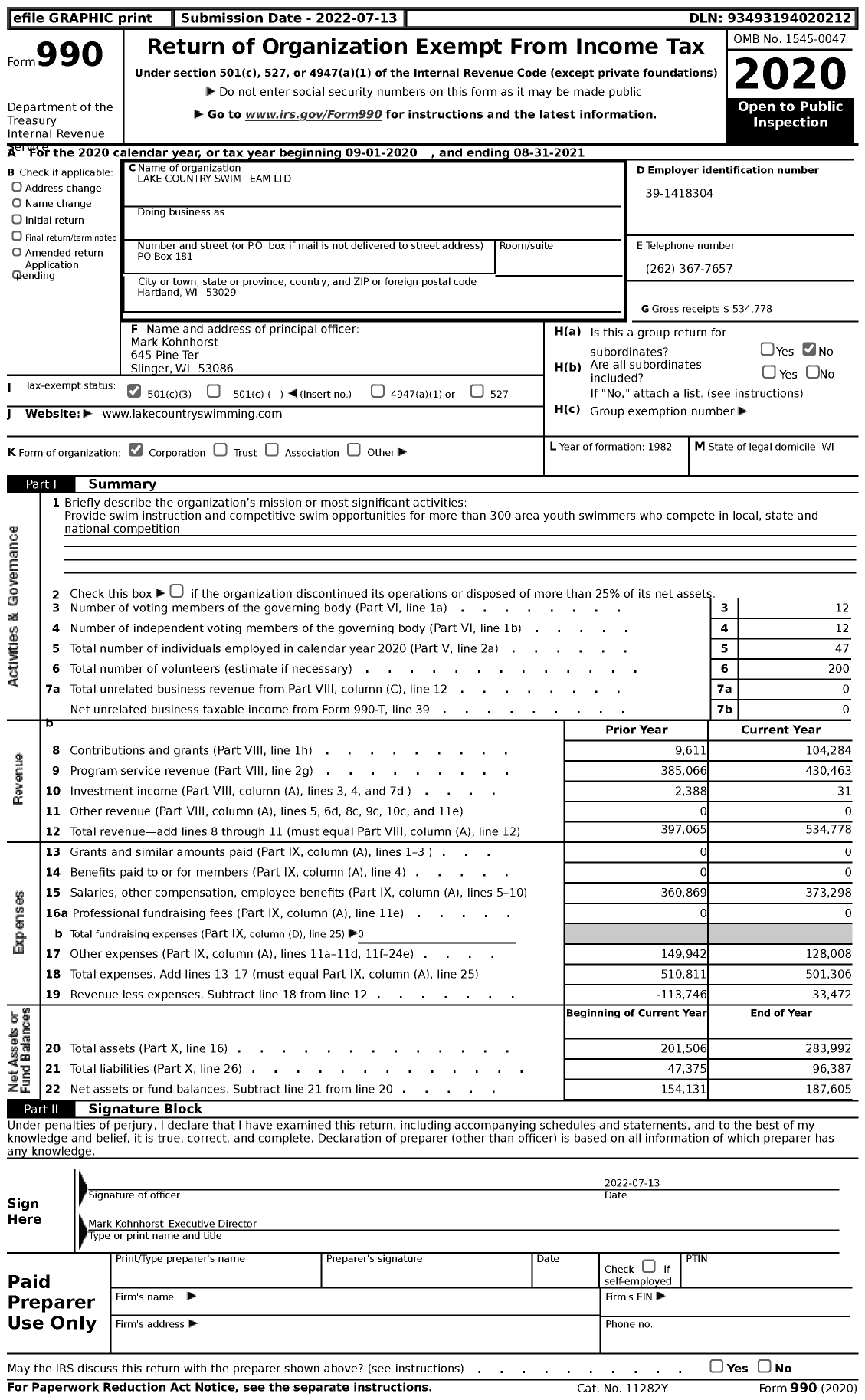 Image of first page of 2020 Form 990 for Lake Country Swim Team