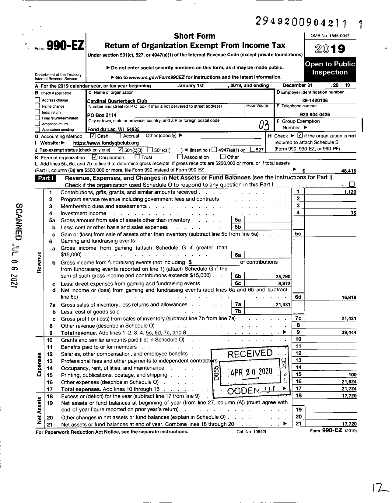 Image of first page of 2019 Form 990EZ for Cardinal Quarterback Club