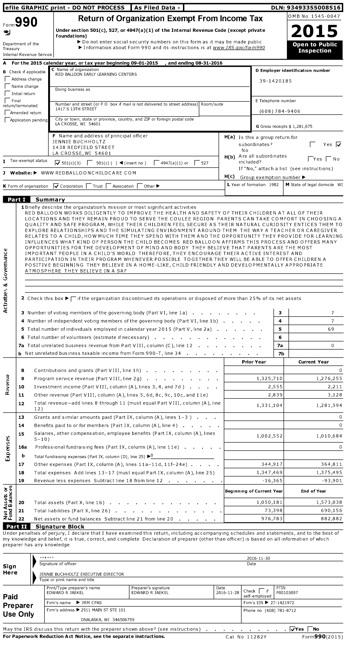 Image of first page of 2015 Form 990 for Red Balloon Early Learning Centers