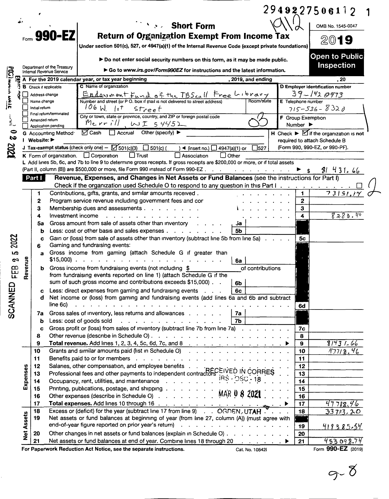 Image of first page of 2019 Form 990EZ for Endowment Fund of the TB Scott Free Library