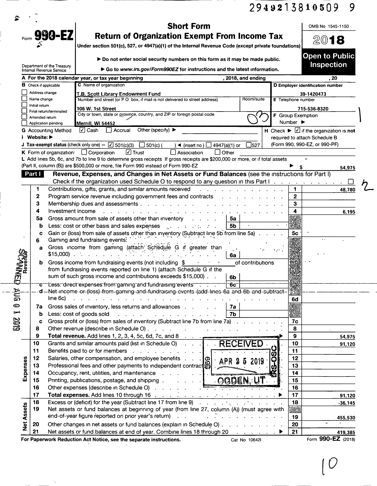 Image of first page of 2018 Form 990EZ for Endowment Fund of the TB Scott Free Library