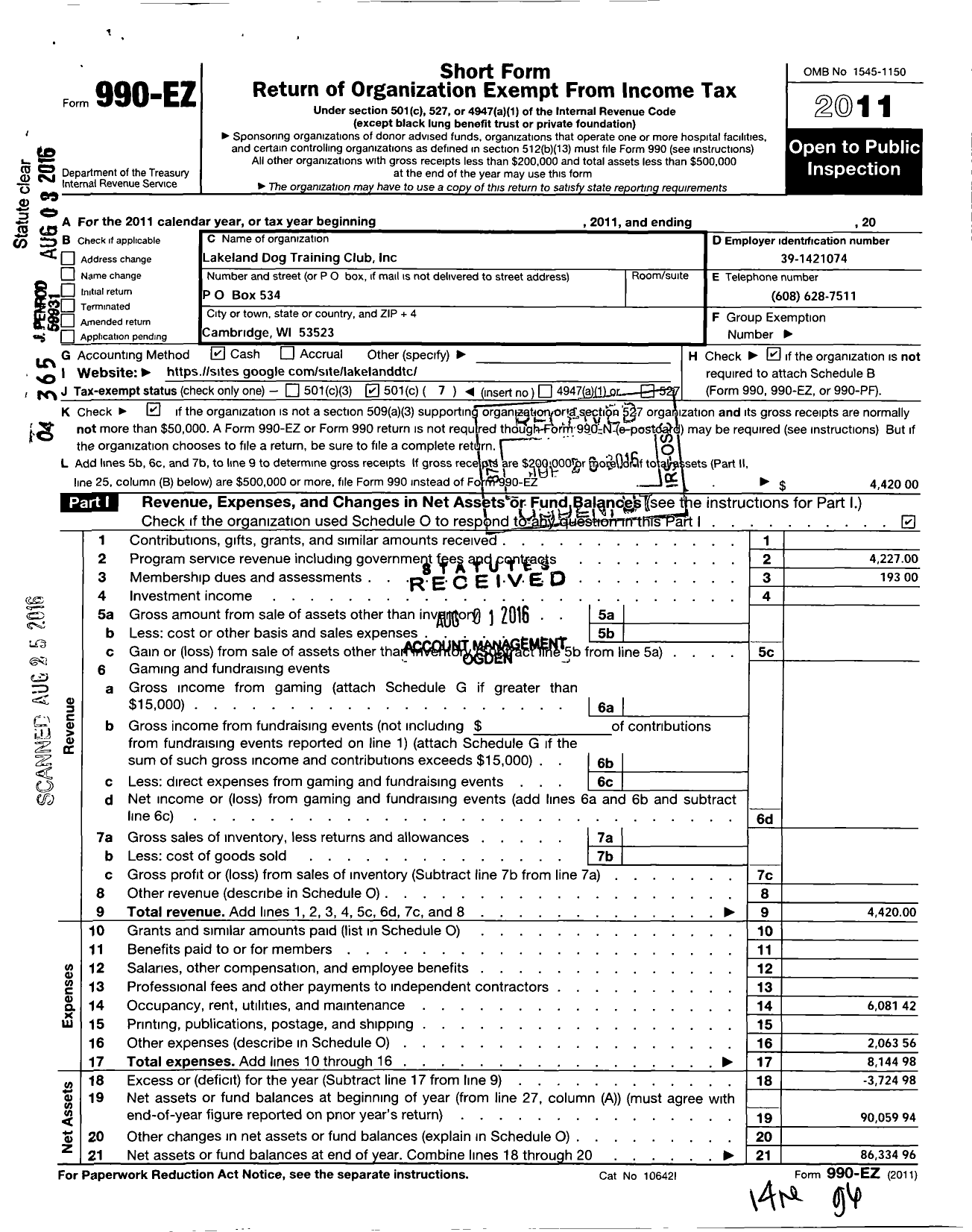 Image of first page of 2011 Form 990EO for Lakeland Dog Training Club