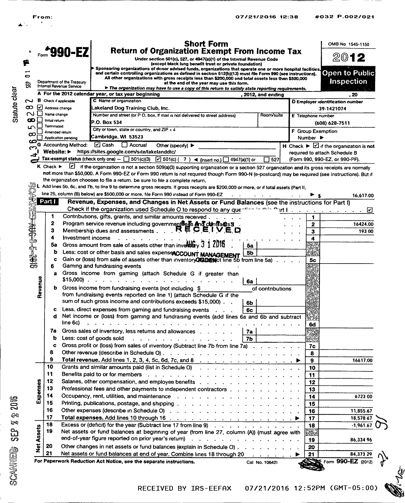 Image of first page of 2012 Form 990EO for Lakeland Dog Training Club