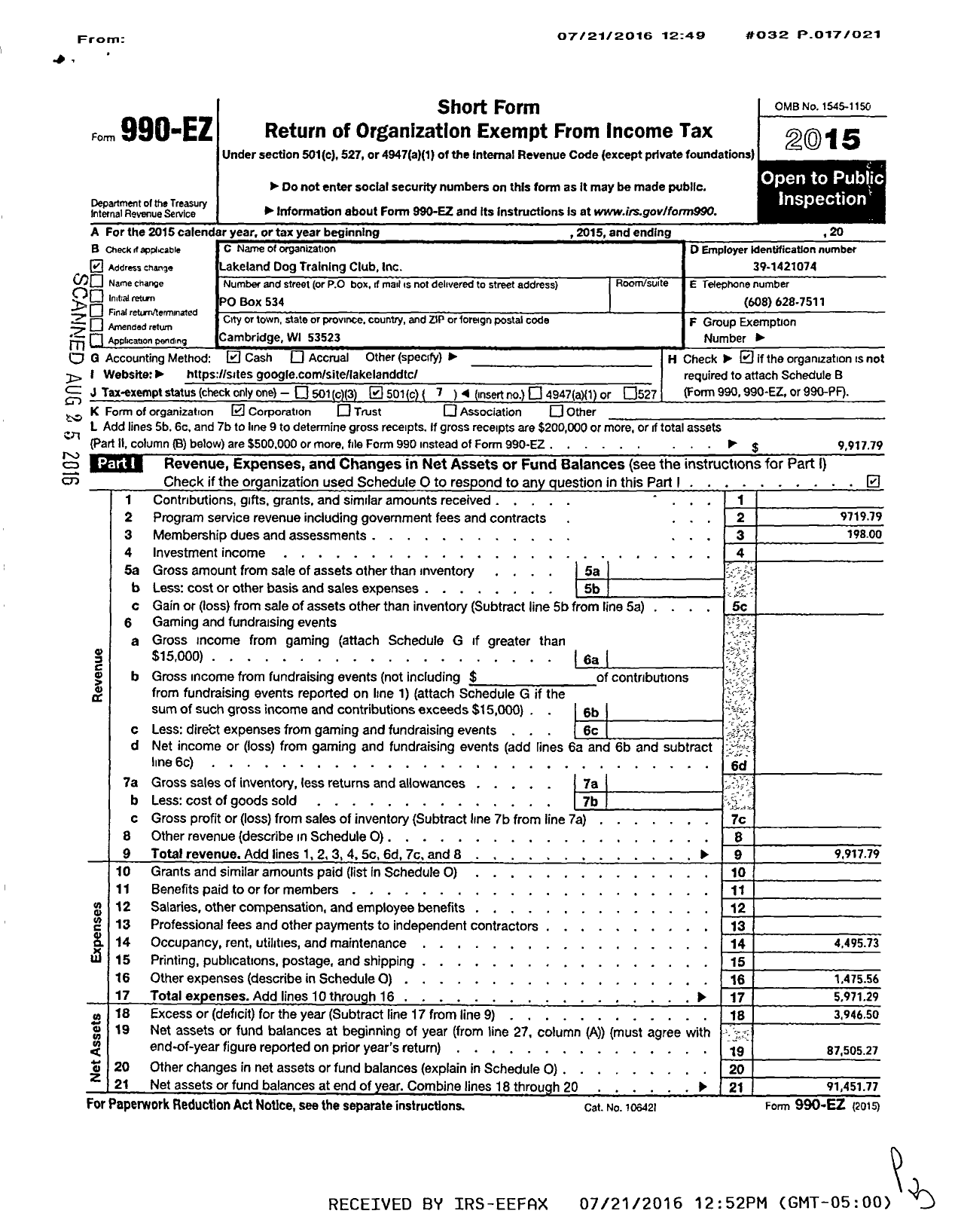 Image of first page of 2015 Form 990EO for Lakeland Dog Training Club