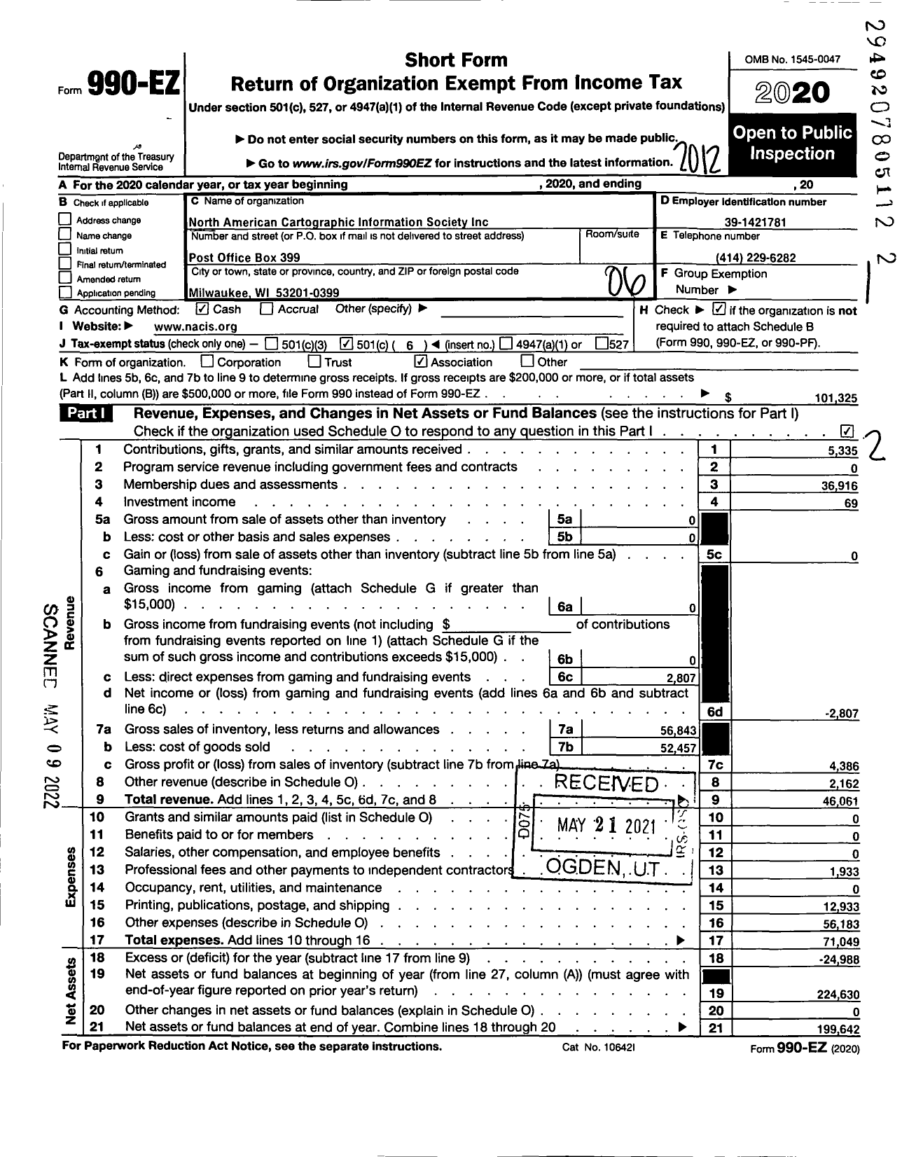 Image of first page of 2020 Form 990EO for North American Cartographic Information Society