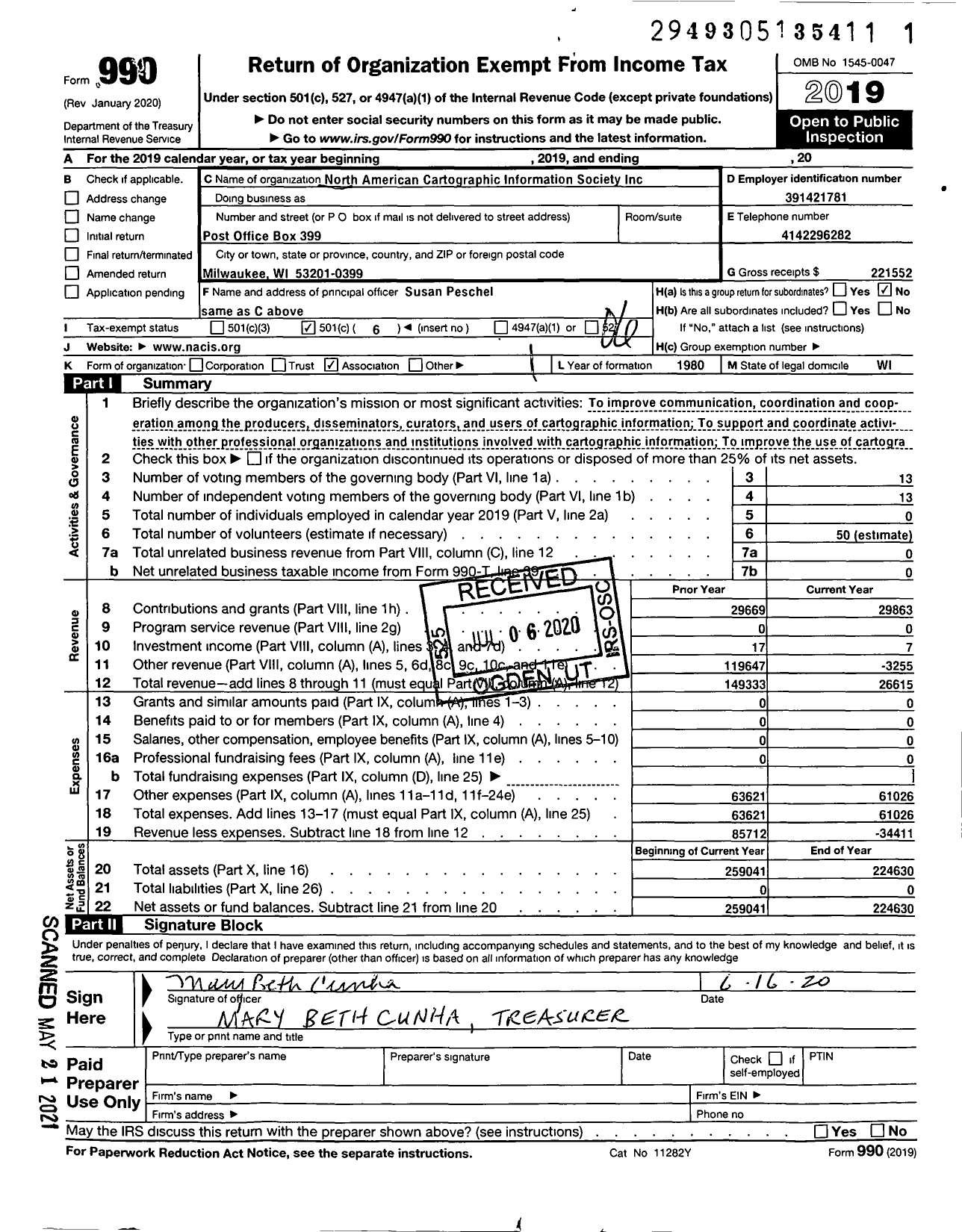 Image of first page of 2019 Form 990O for North American Cartographic Information Society