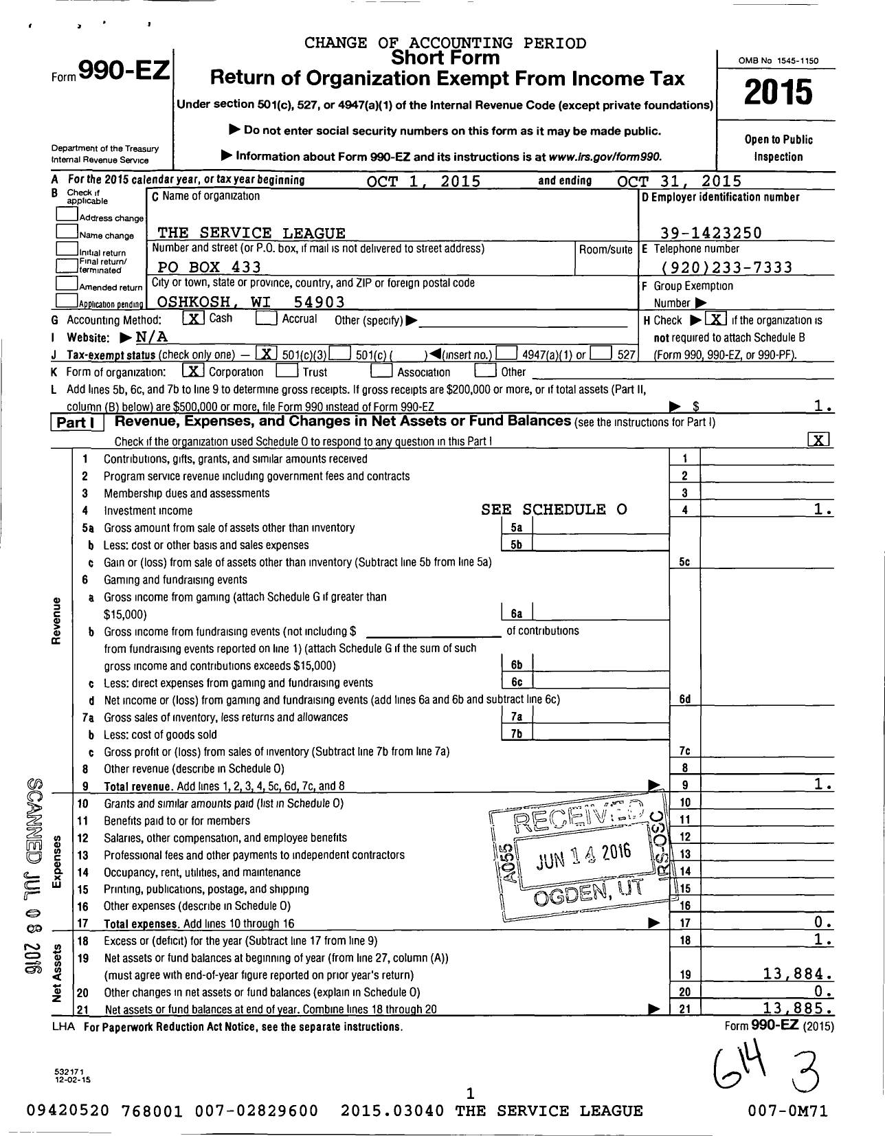 Image of first page of 2014 Form 990EZ for Service League