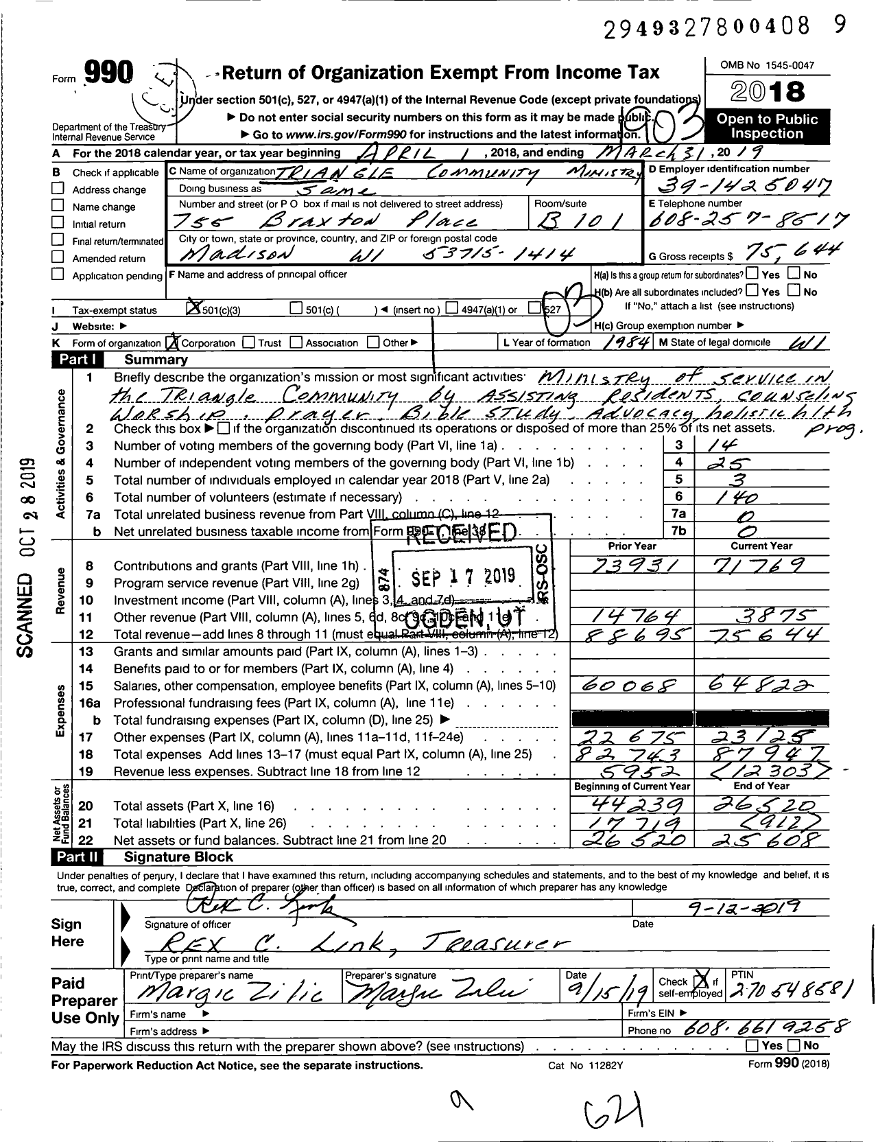 Image of first page of 2018 Form 990 for Triangle Community Ministry