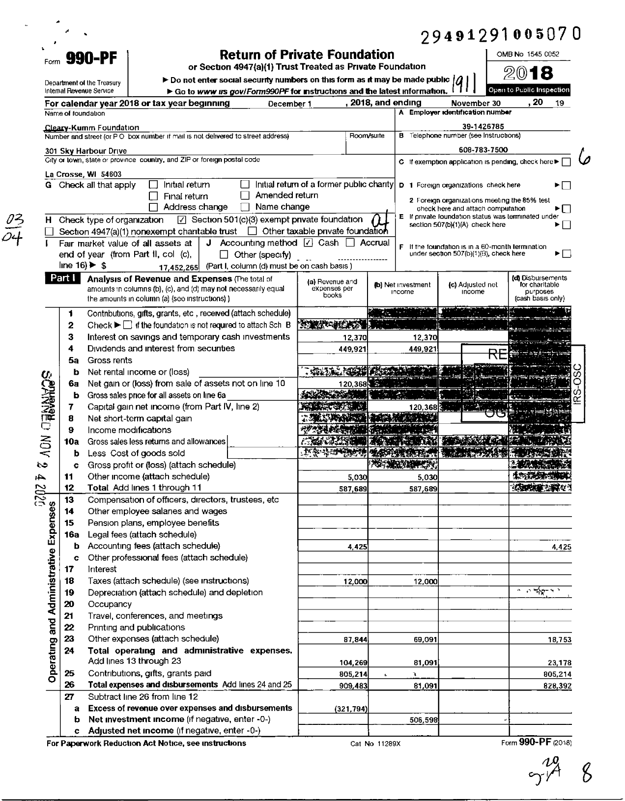 Image of first page of 2018 Form 990PF for Cleary-Kumm Foundation