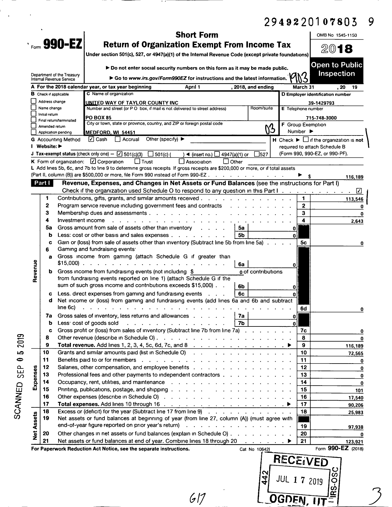 Image of first page of 2018 Form 990EZ for United Way of Taylor County