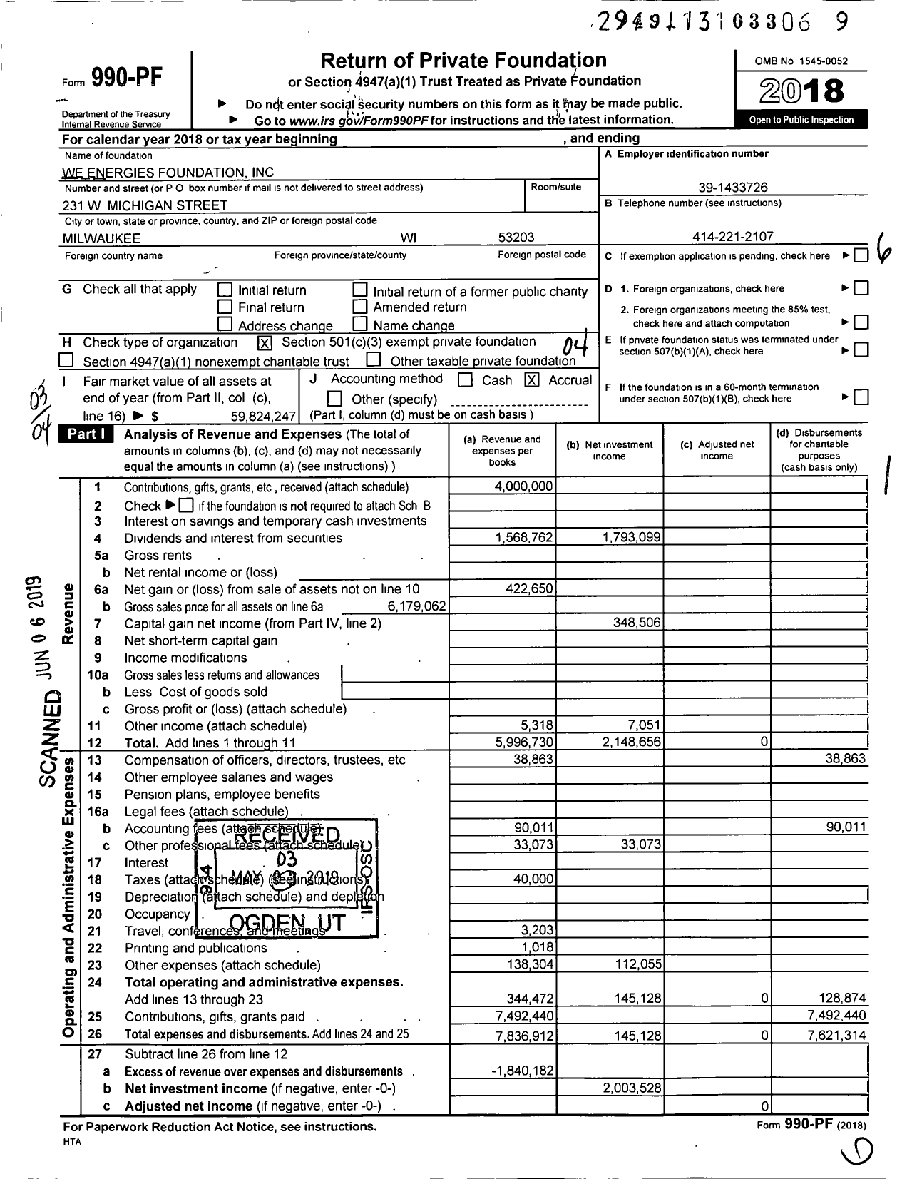 Image of first page of 2018 Form 990PF for We Energies Foundation