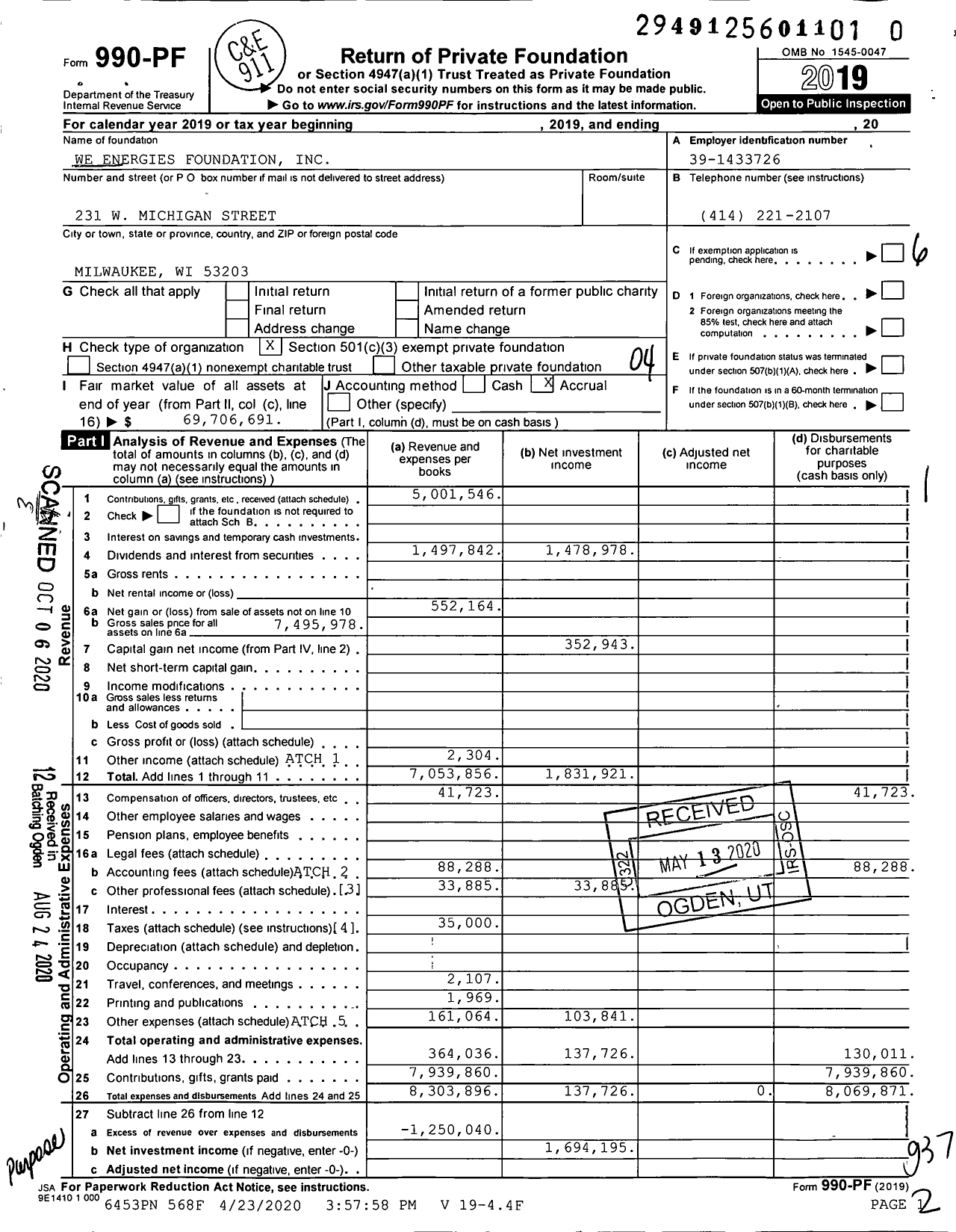 Image of first page of 2019 Form 990PR for We Energies Foundation