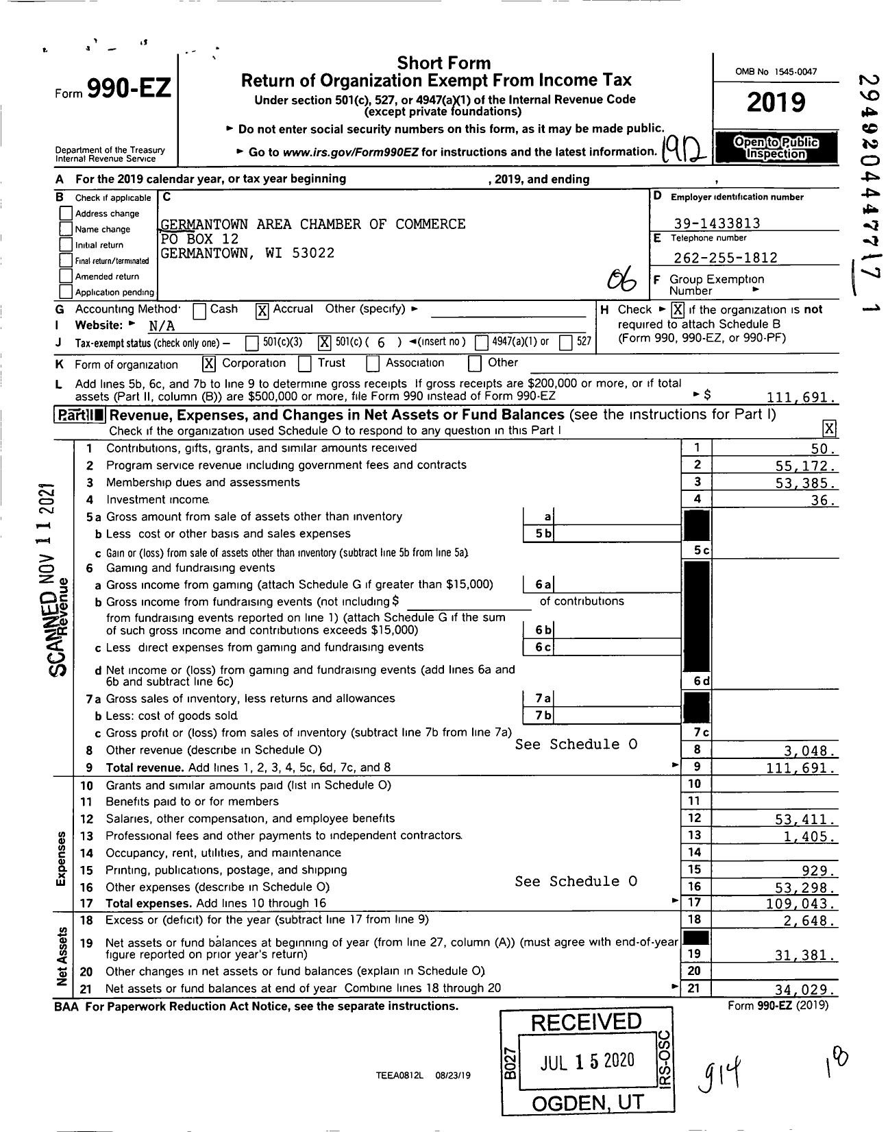 Image of first page of 2019 Form 990EO for Germantown Area Chamber of Commerce and Industry