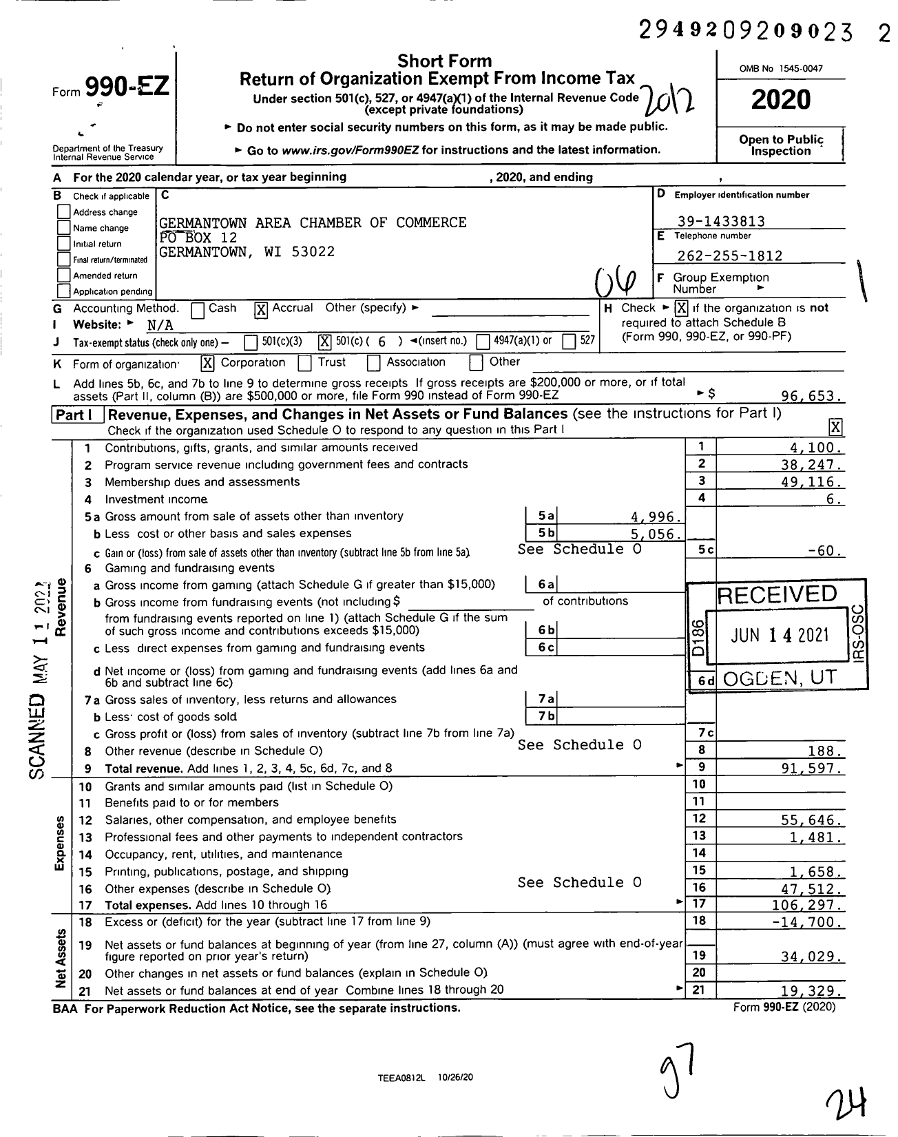 Image of first page of 2020 Form 990EO for Germantown Area Chamber of Commerce and Industry