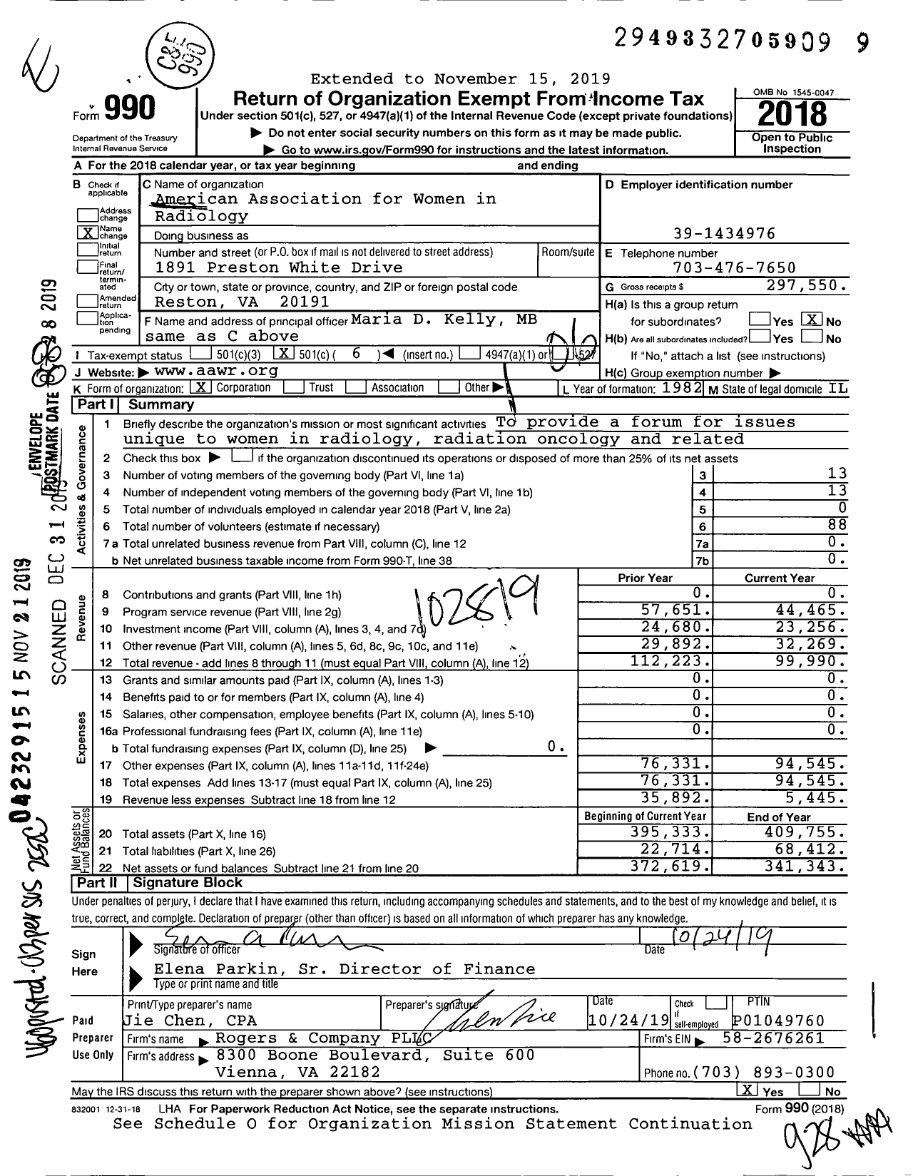 Image of first page of 2018 Form 990O for American Association for Women in Radiology