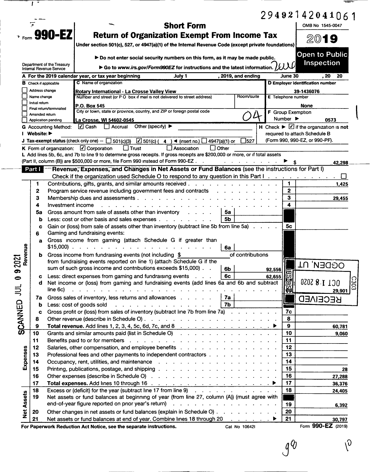 Image of first page of 2019 Form 990EO for Rotary International - La Crosse-Valley View