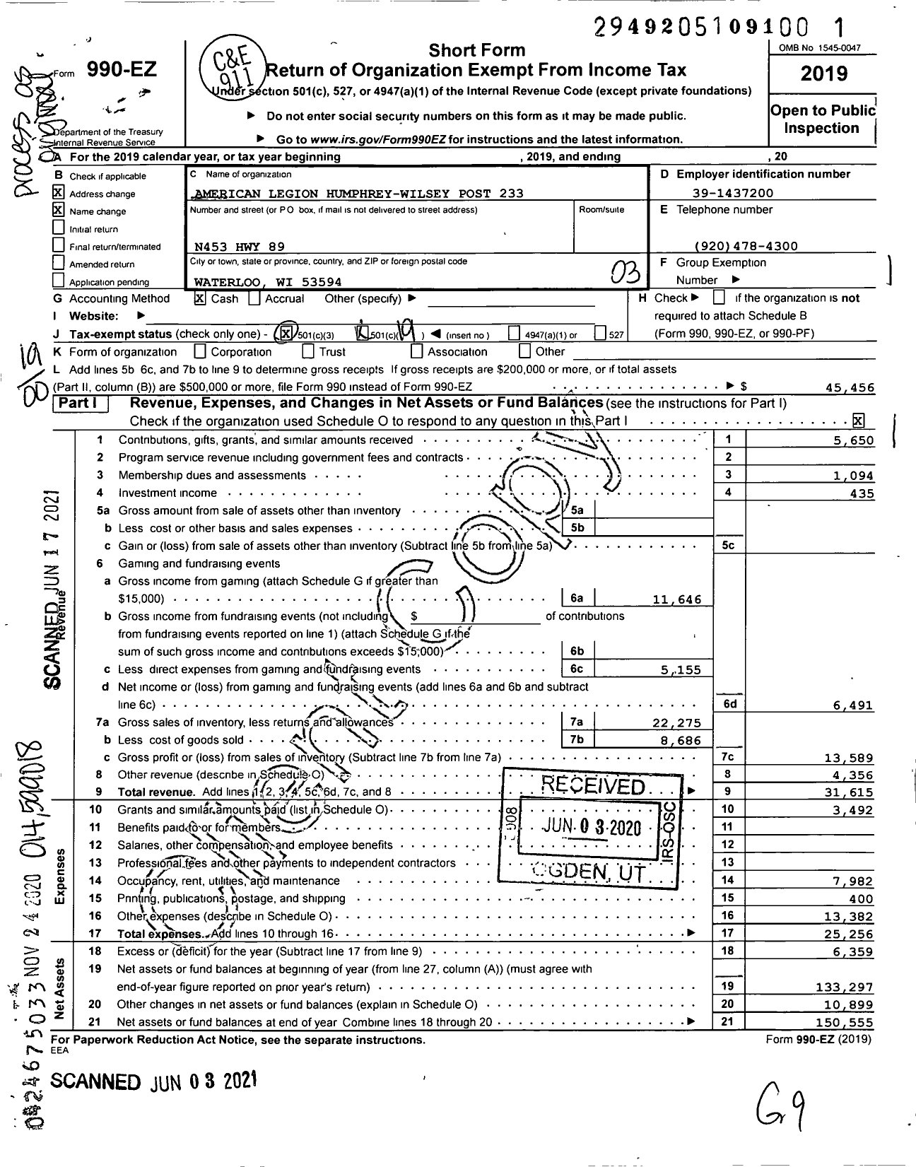 Image of first page of 2019 Form 990EO for American Legion - 0233 Humphery-Wilsey