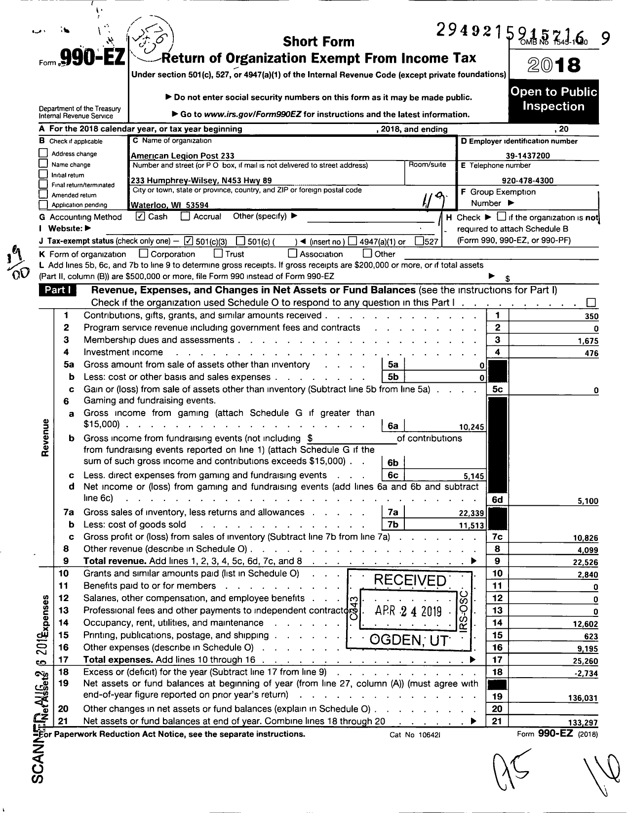 Image of first page of 2018 Form 990EO for American Legion - 0233 Humphery-Wilsey