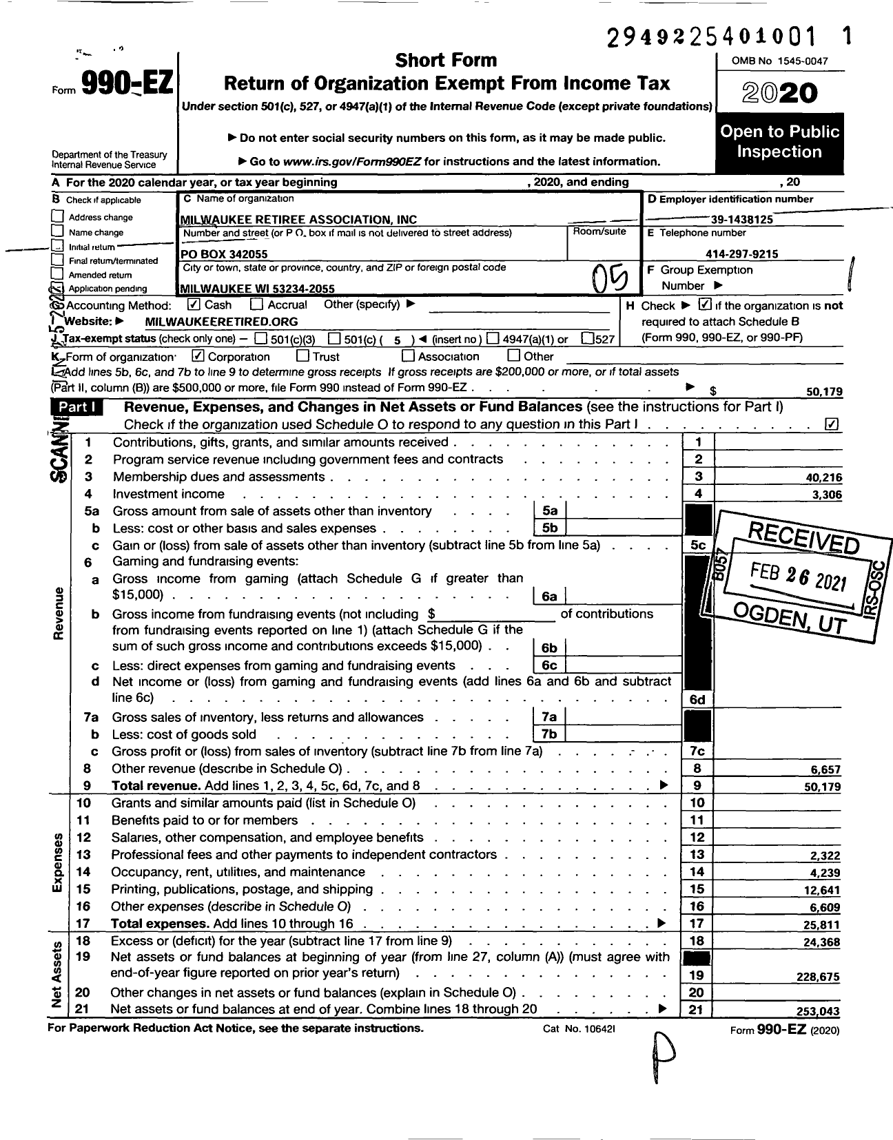 Image of first page of 2020 Form 990EO for American Federation of State County and Municipal Employees - Milwaukee Retiree Association